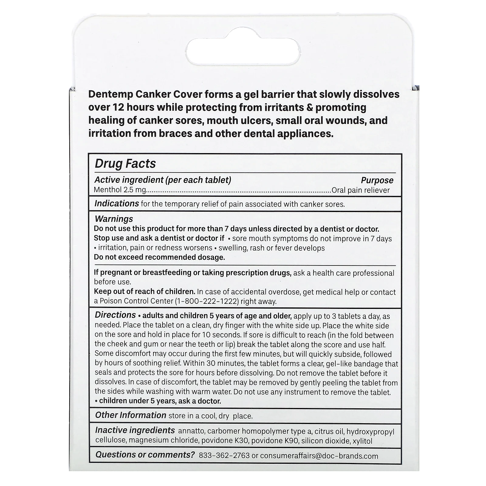 Dentemp, Canker Cover, лекарственное обезболивающее для полости рта, 6 таблеток с мятой