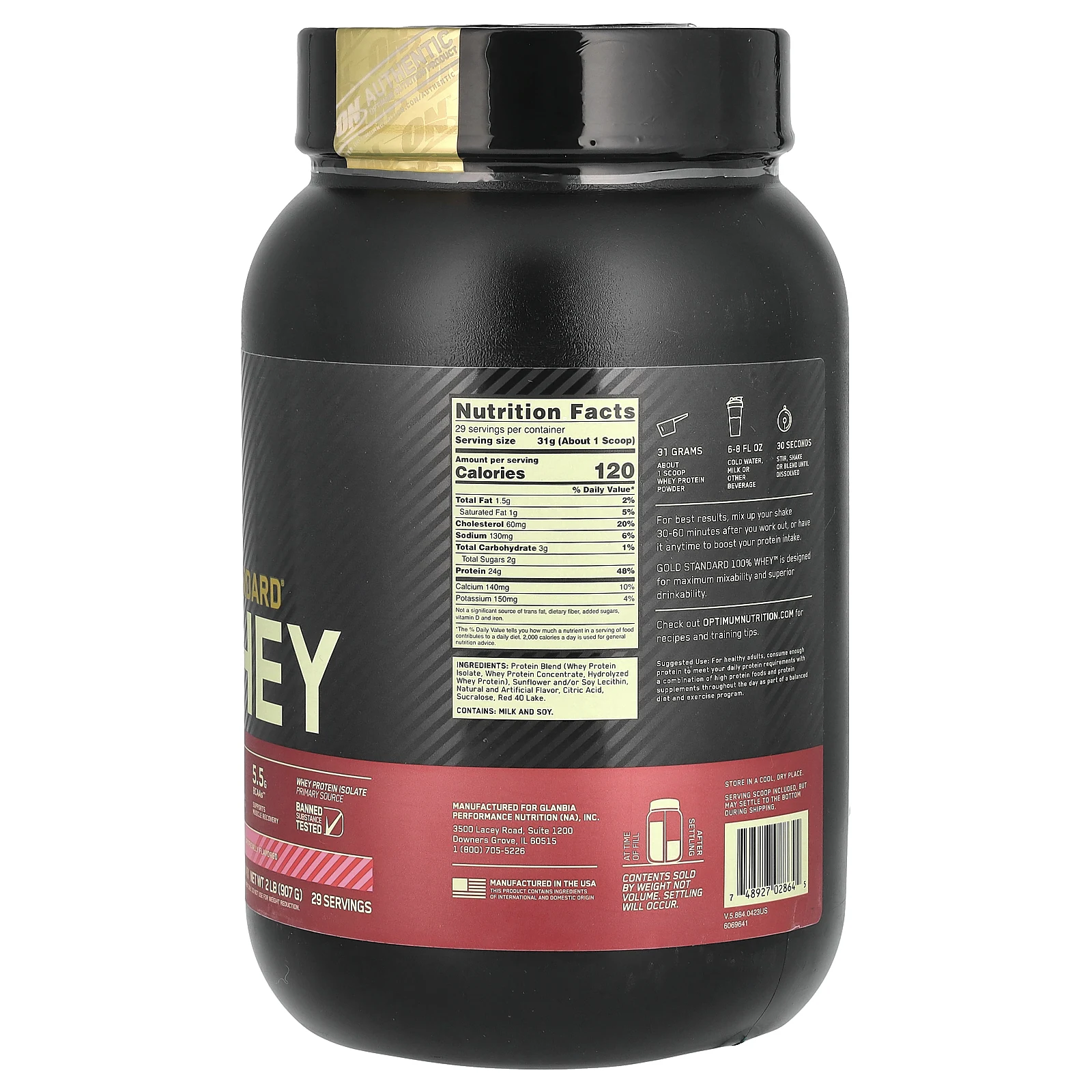 Optimum Nutrition, Gold Standard, 100% Whey, со вкусом клубники, 907 г (2 фунта)