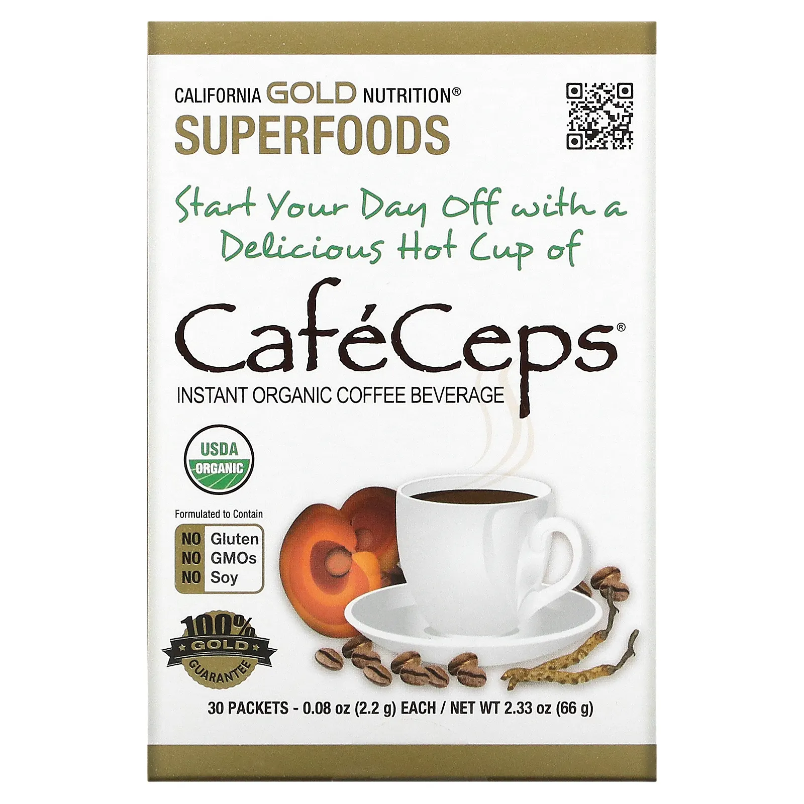 California Gold Nutrition, CafeCeps, сертифицированный органический растворимый кофе с порошком из грибов кордицепс и рейши, 30 пакетиков, 2,2 г (0,08 унции)
