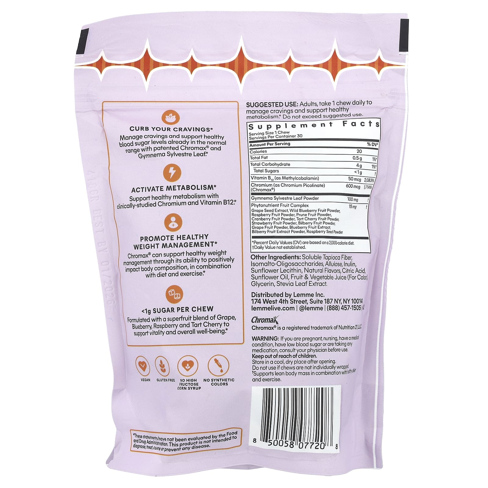 Lemme, Curb, для поддержки нежирной массы тела, мягкие жевательные таблетки, фруктовый коктейль, 30 жевательных таблеток в индивидуальной упаковке