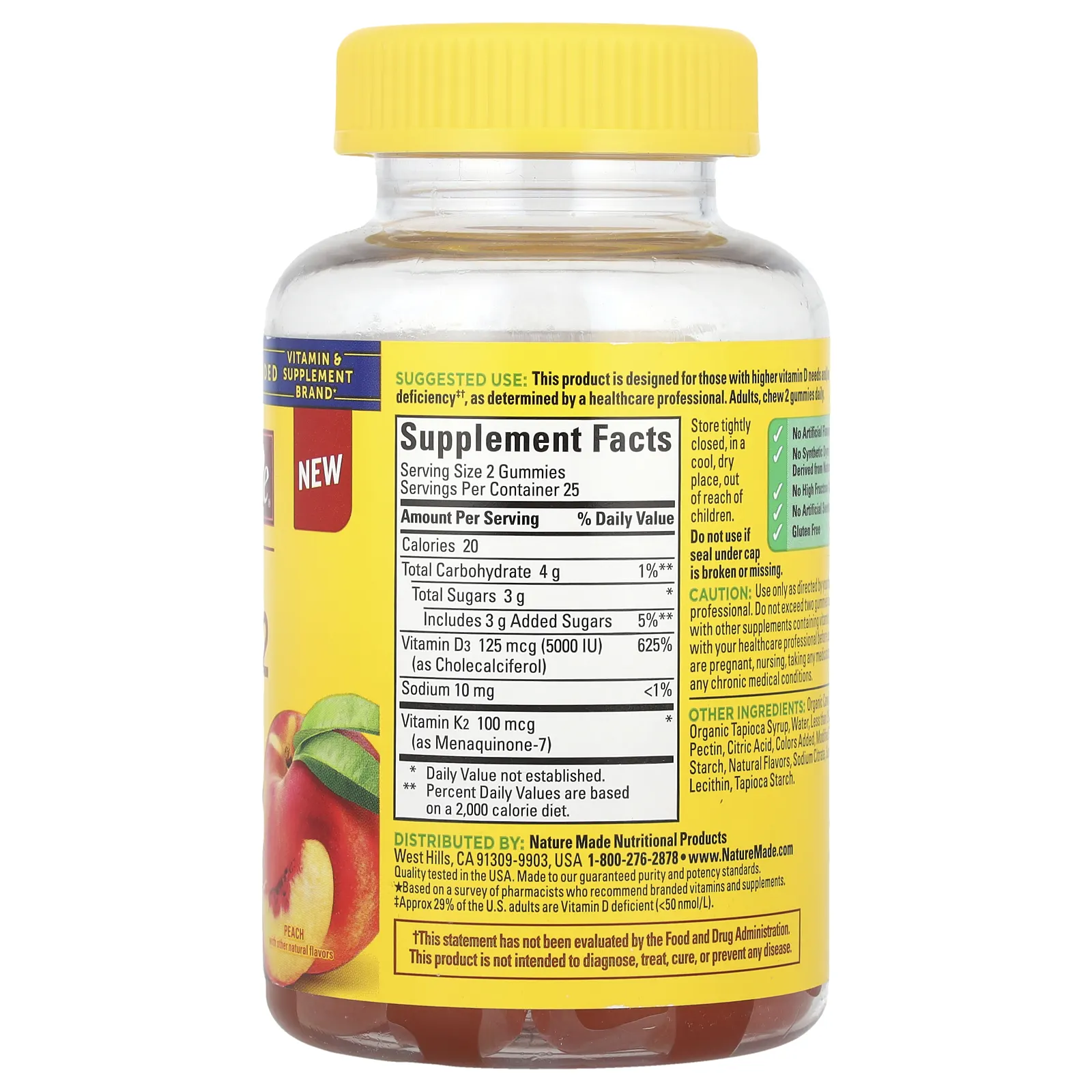 Nature Made, Жевательные мармеладки с витамином D3 и K2, персик, 50 жевательных таблеток
