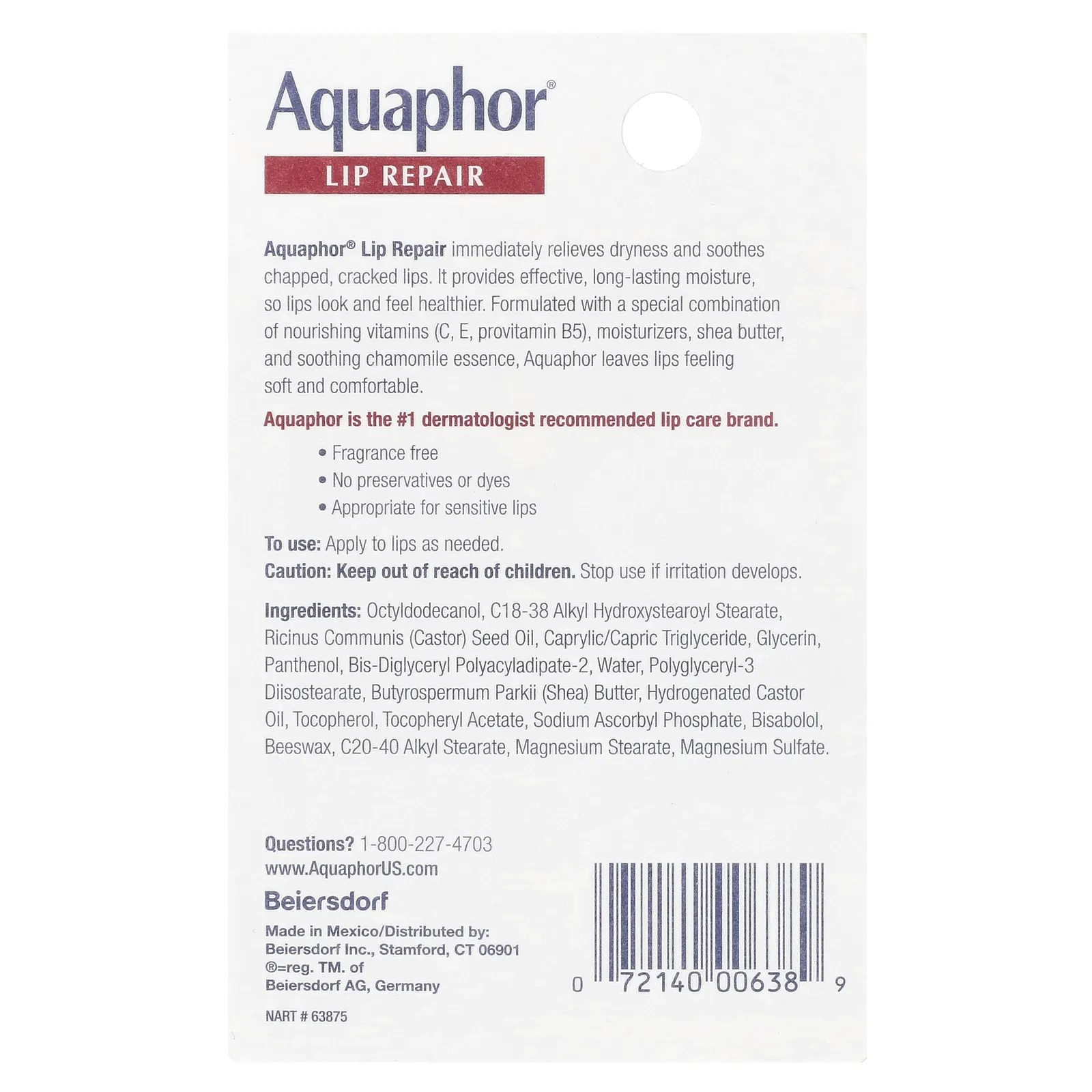 Aquaphor, Восстанавливающее средство для губ мгновенного действия без отдушек, 10 мл (0,35 жидкой унции)