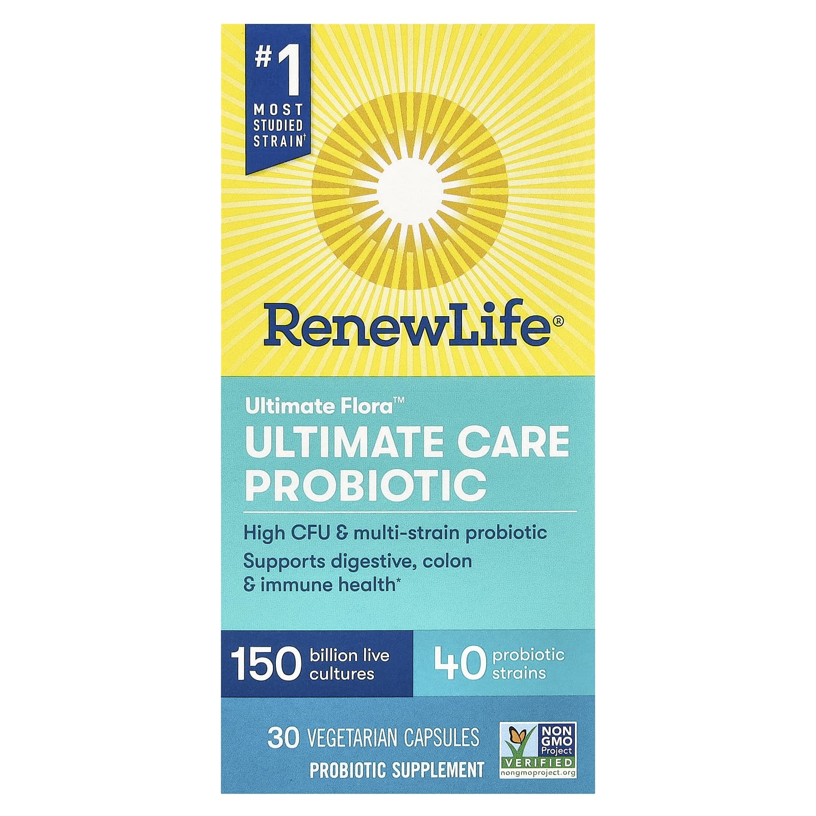 Renew Life, Ultimate Flora, Ultimate Care, пробиотик с повышенной силой действия, 150 млрд живых культур, 30 вегетарианских капсул