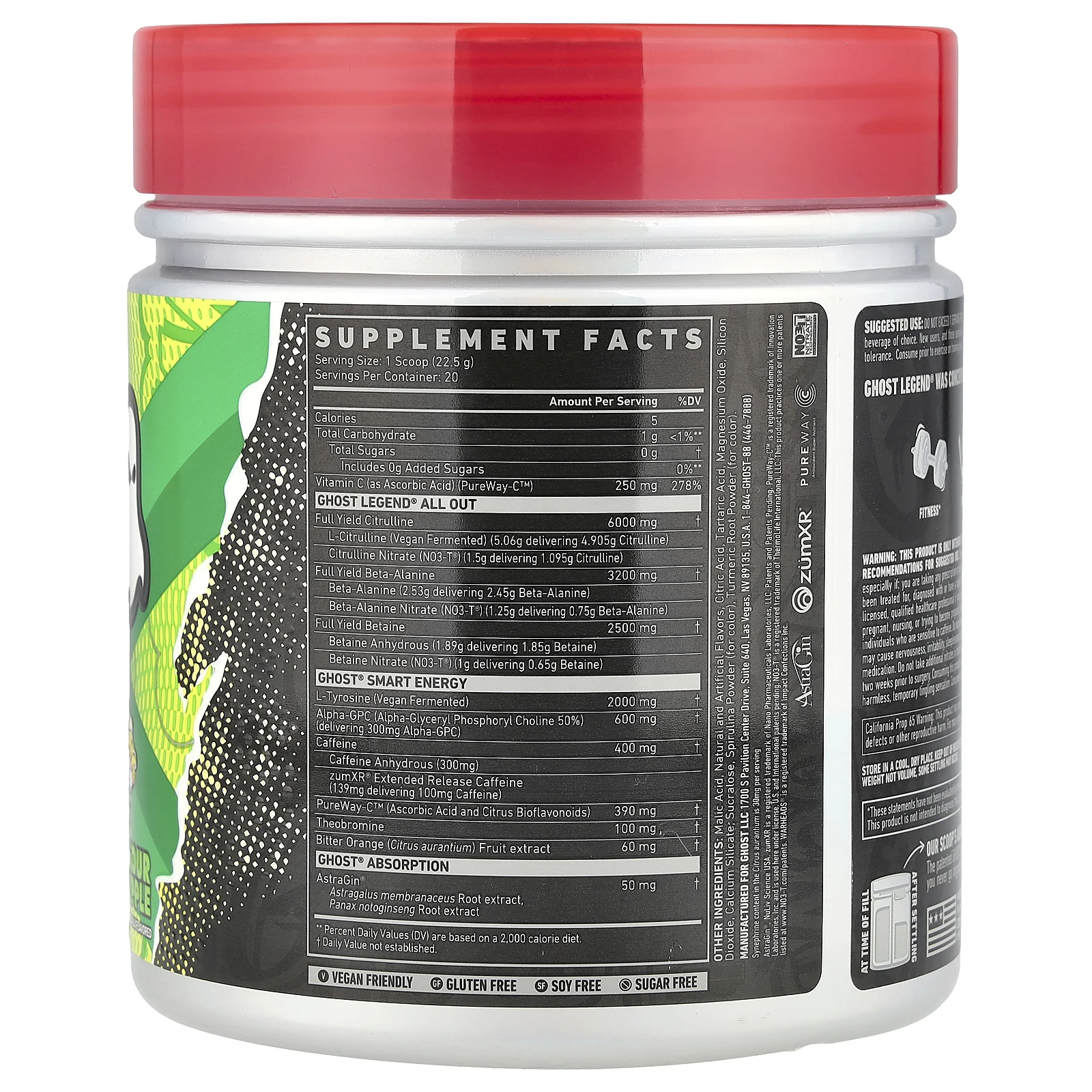 Ghost, Legend® All Out Pre-Workout, Warheads®, кислое зеленое яблоко, 450 г (15,9 унции)