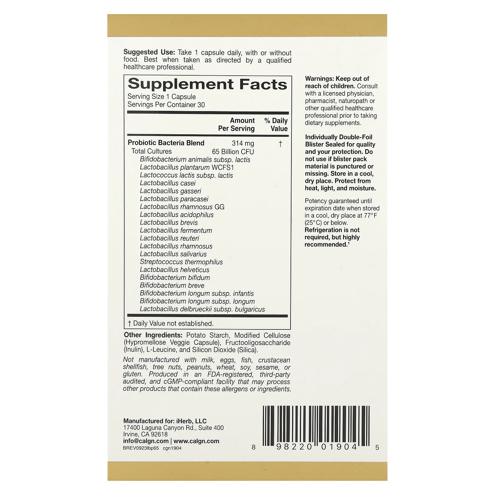 California Gold Nutrition, LactoBif 65, пробиотики, 65 млрд КОЕ, 30 вегетарианских капсул