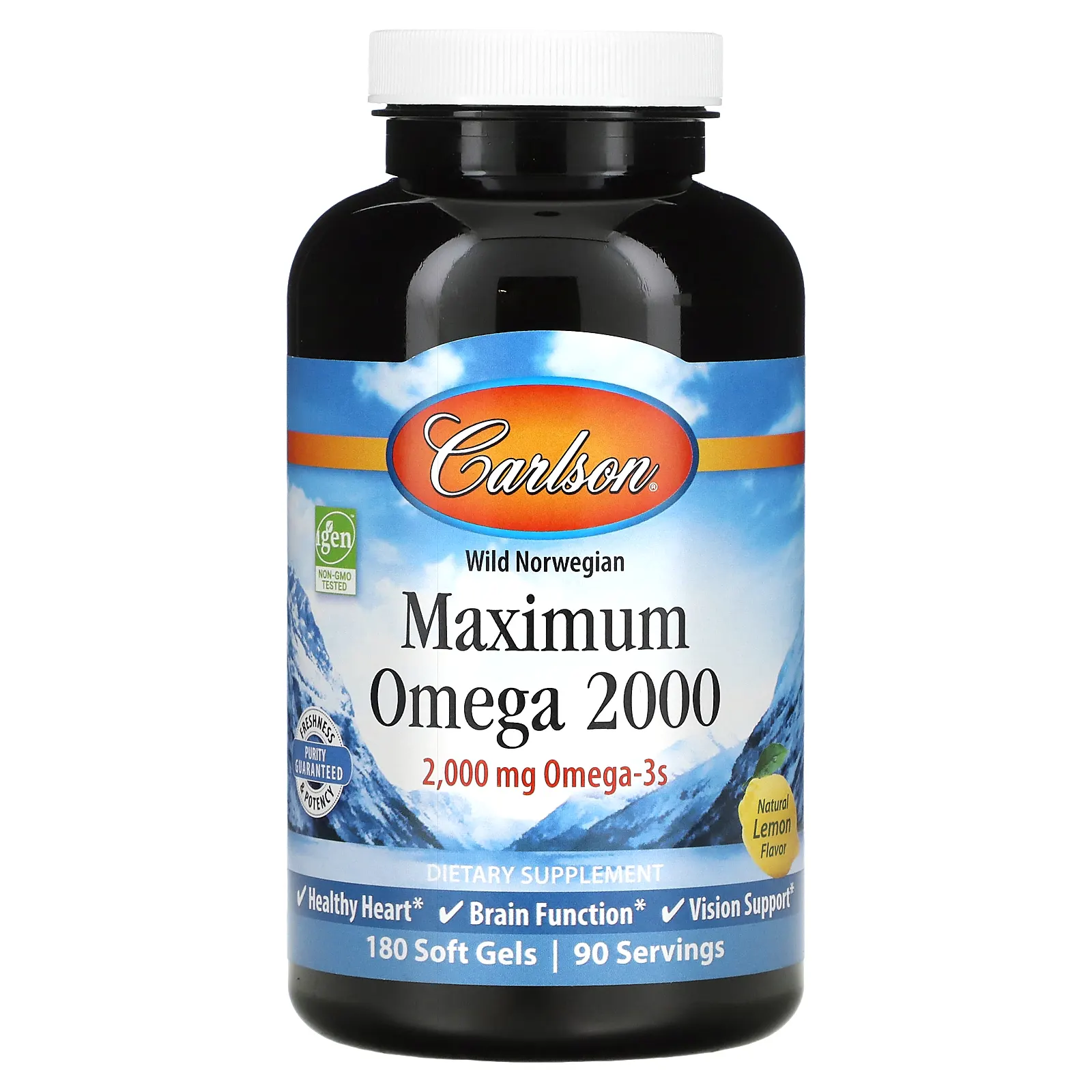Carlson, Maximum Omega 2000, омега-3 кислоты из норвежской рыбы дикого улова, с натуральным лимонным вкусом, 2000 мг, 180 капсул (1000 мг в 1 капсуле)