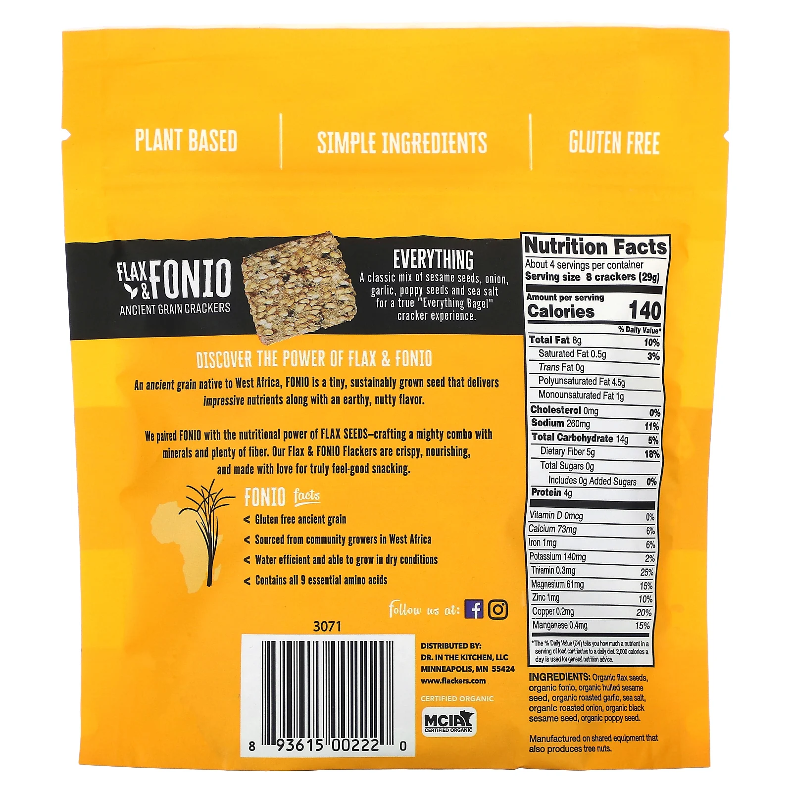 Flackers, Flax & Fonio, крекеры со вкусом традиционных злаков, все, 128 г (4,5 унции)