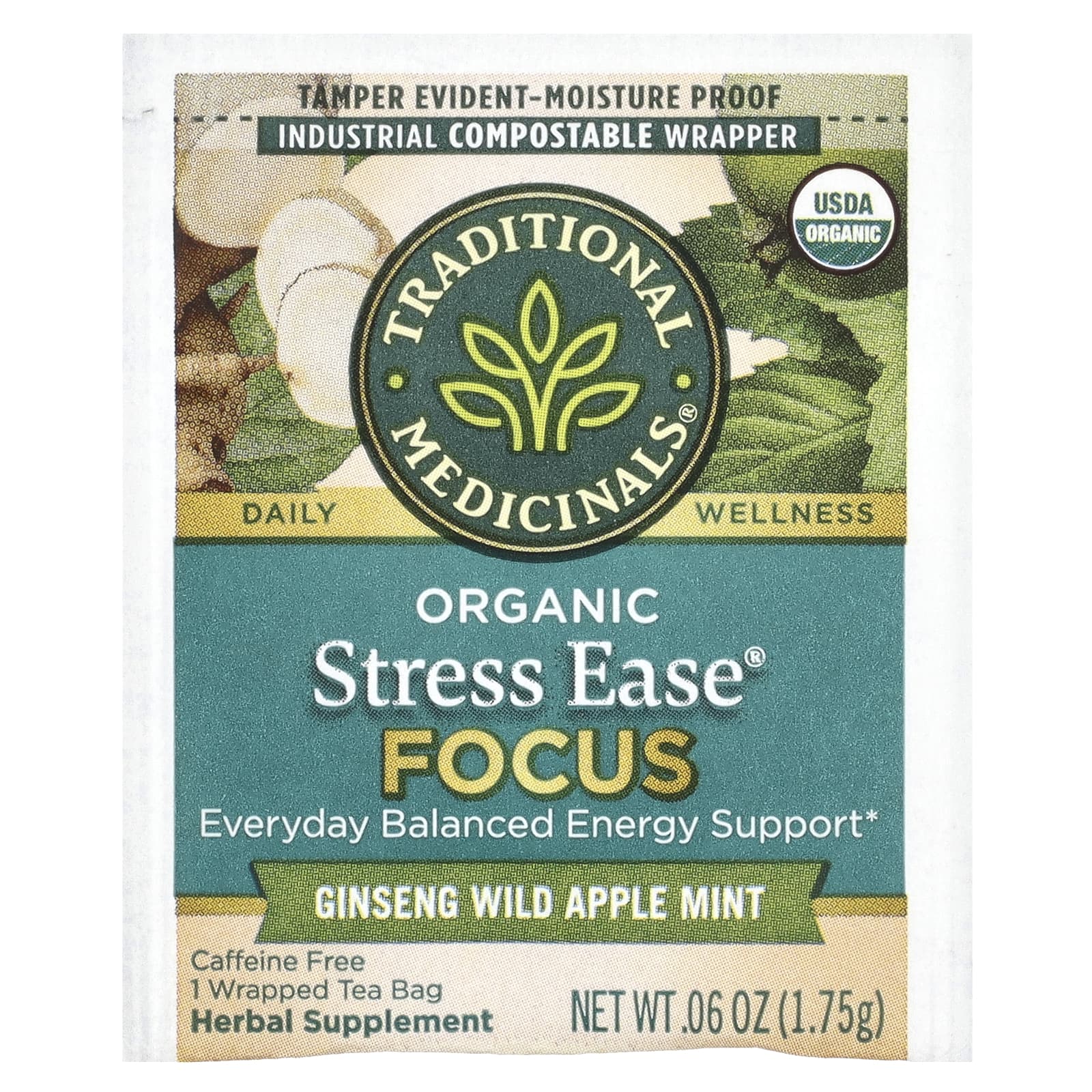 Traditional Medicinals, органический Stress Ease Focus, женьшень, дикое яблоко и мята, без кофеина, 16 чайных пакетиков в упаковке, 28 г (0,99 унции)