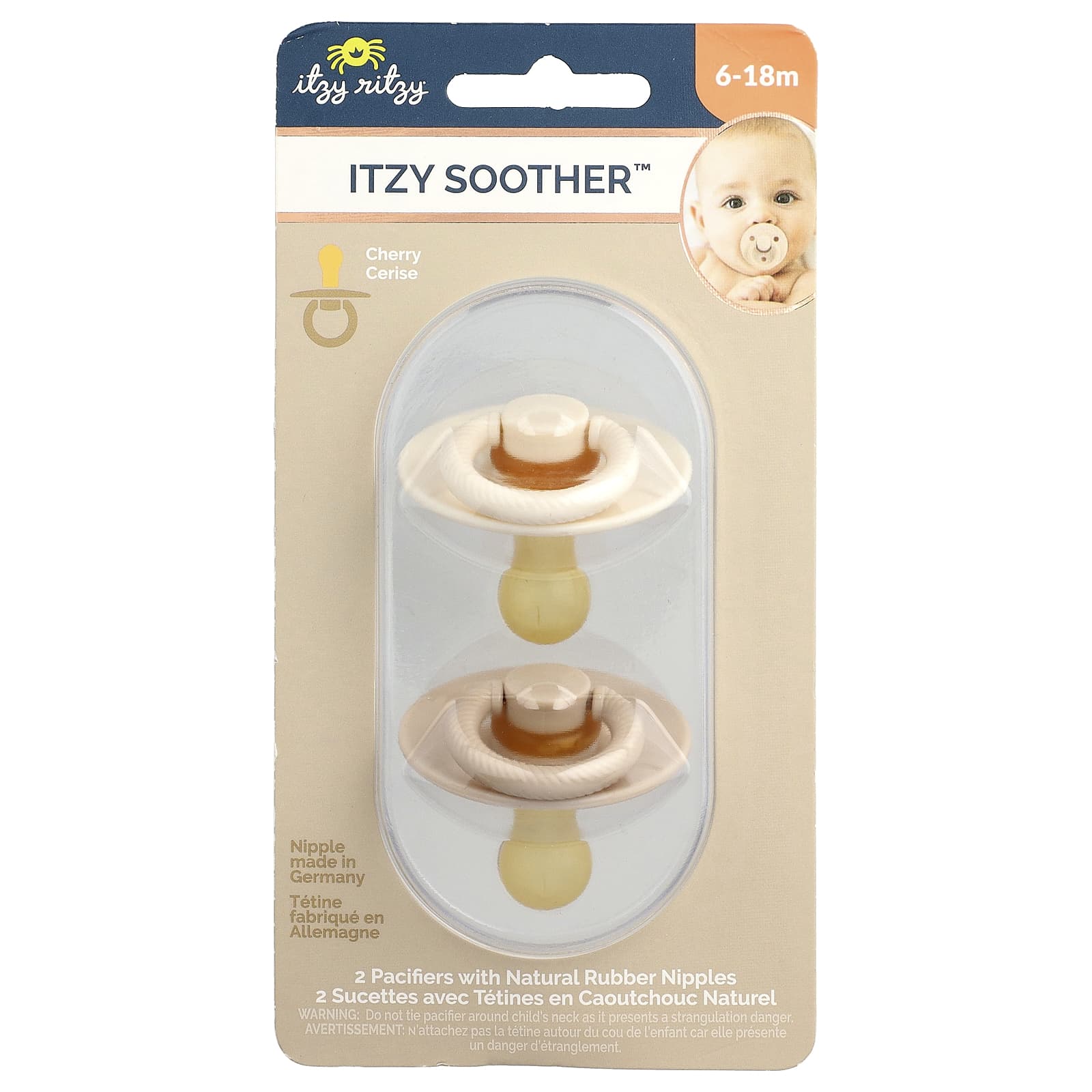 itzy ritzy, Itzy Soother ™, пустышки с сосками из натурального каучука, для детей от 6 до 18 месяцев, кокос и тосты, 2 пустышки