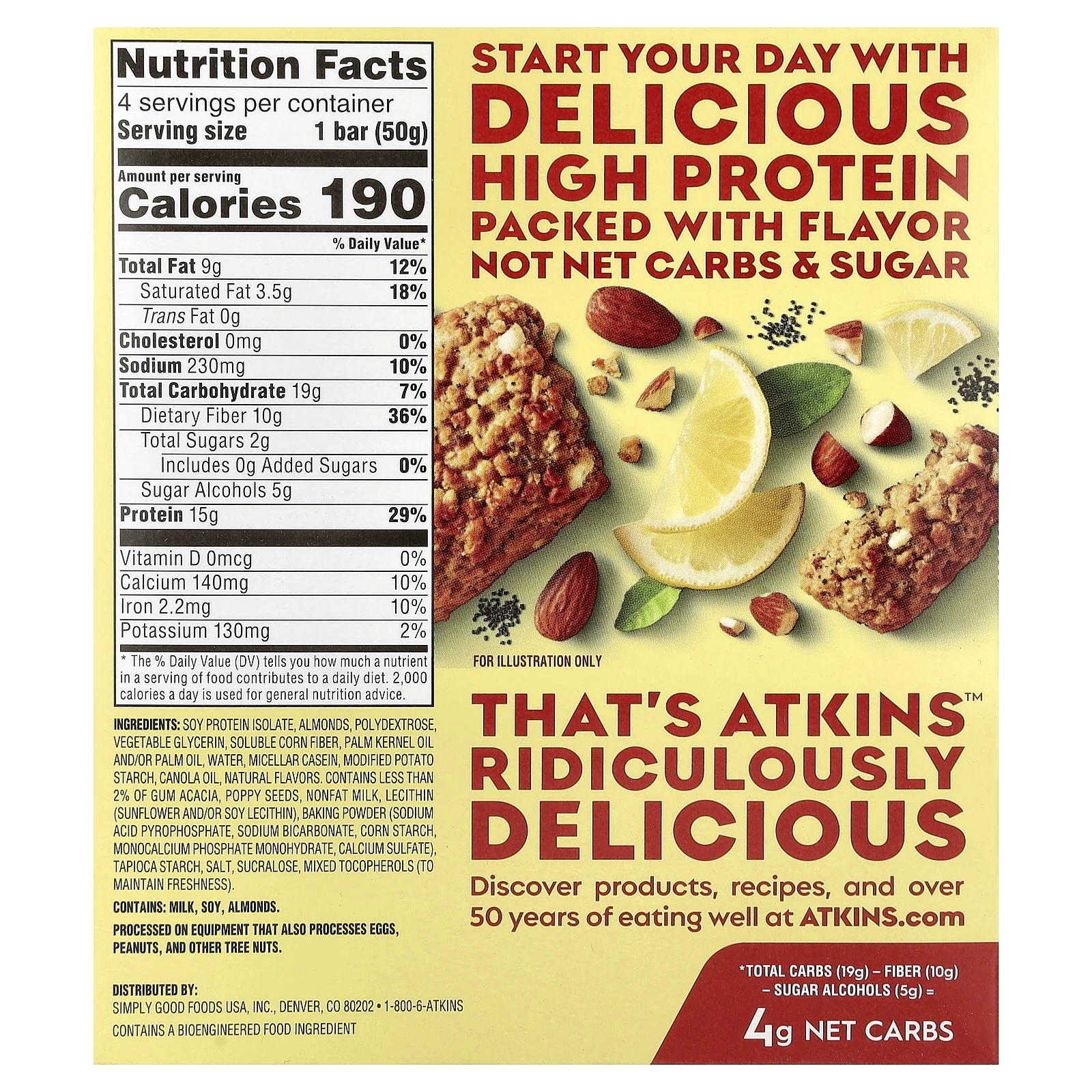 Atkins, запеченный протеиновый батончик, лимон и мак, 4 батончика по 50 г (1,76 унции)