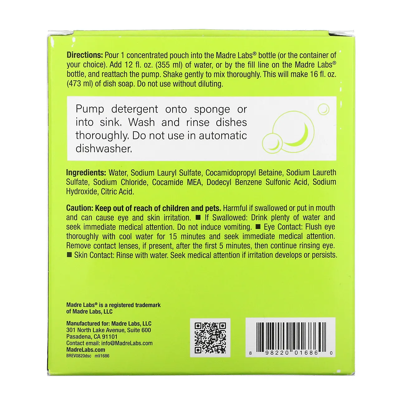 Madre Labs, средство для мытья посуды, тройной концентрации, сменный блок, без запаха, 6 пакетиков по 118 мл (4 жидк. унции)