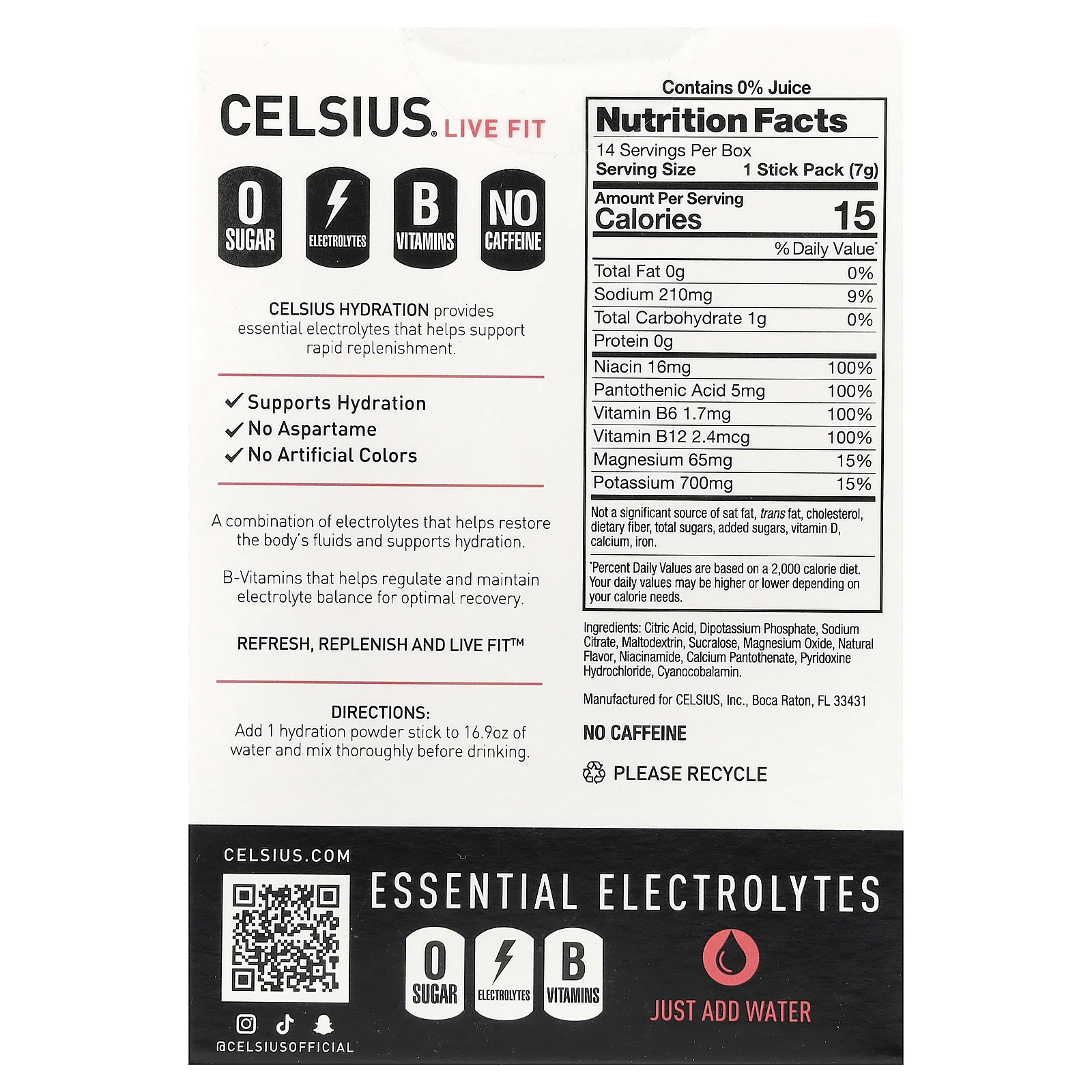 Celsius, Live Fit, увлажнение, незаменимые электролиты, без кофеина, клубника и арбуз, 14 порошковых стиков для увлажнения, по 7,28 г (0,26 унции)