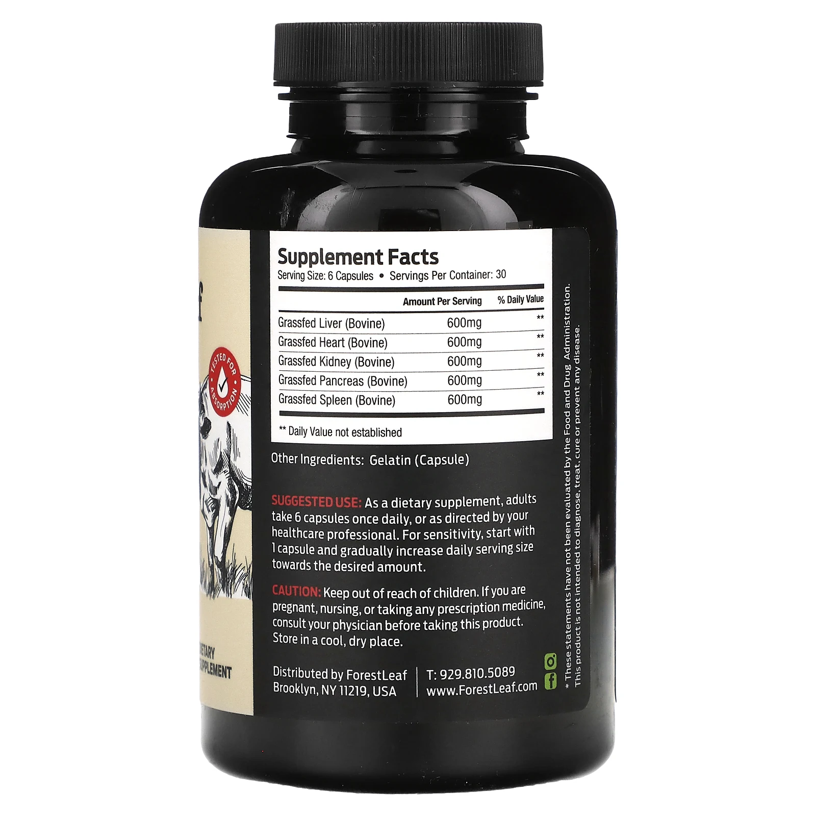 Forest Leaf, органы говядины травяного откорма, 3000 мг, 180 капсул (500 мг в 1 капсуле)