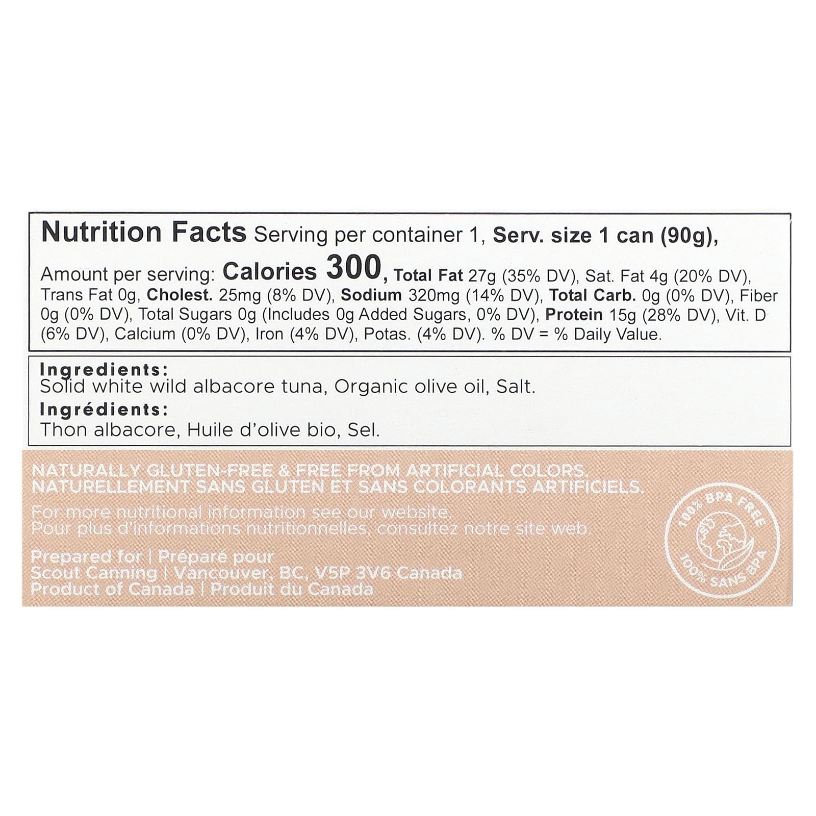 Scout, Дикий белый тунец в оливковом масле первого отжима, 90 г (3,2 унции)