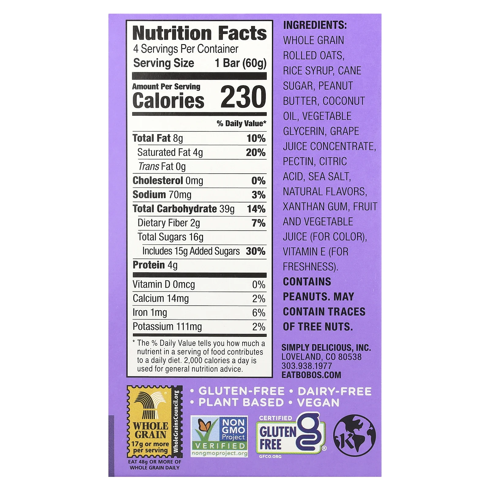 Bobo's Oat Bars, PB & Js, виноград, 4 батончика по 60 г (2,1 унции)