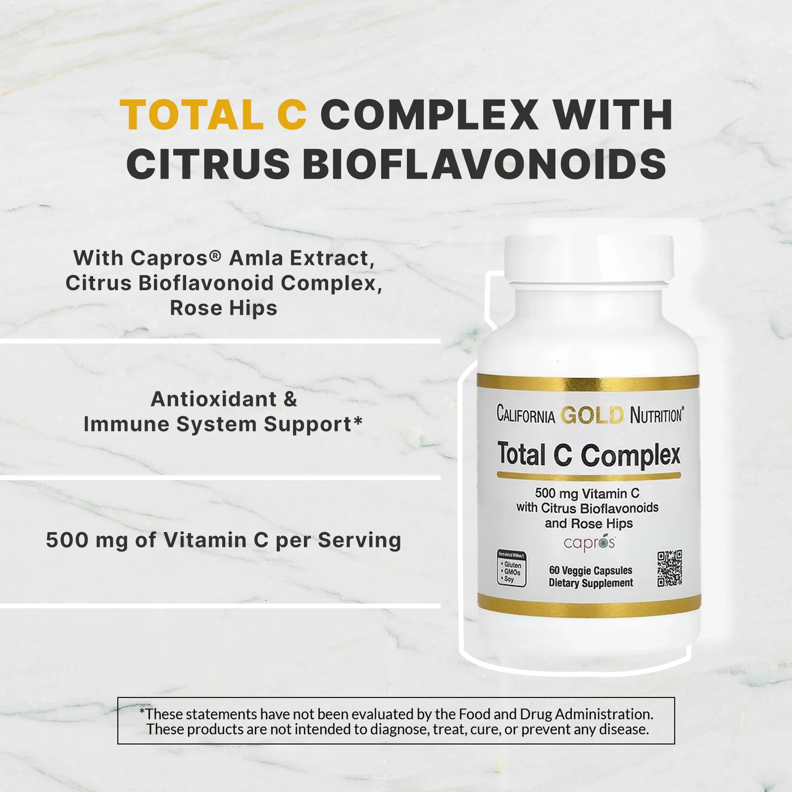 California Gold Nutrition, Total C, комплекс с витамином C и Capros, цитрусовыми биофлавоноидами и шиповником, 500 мг, 60 растительных капсул