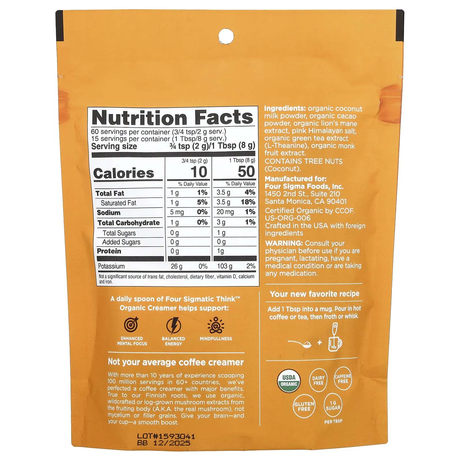 Four Sigmatic, Think Organic Creamer, без молочных продуктов, какао и кокос, 120 г (4,23 унции)