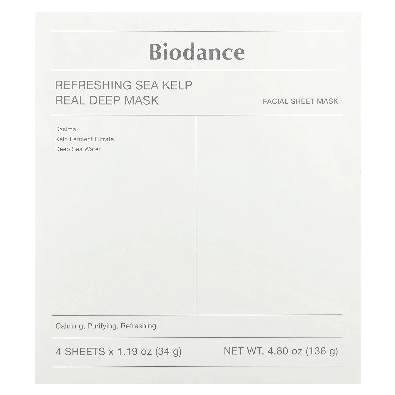 Biodance, Освежающая маска из морских водорослей Real Deep Beauty, 4 шт., 34 г (1,19 унции)