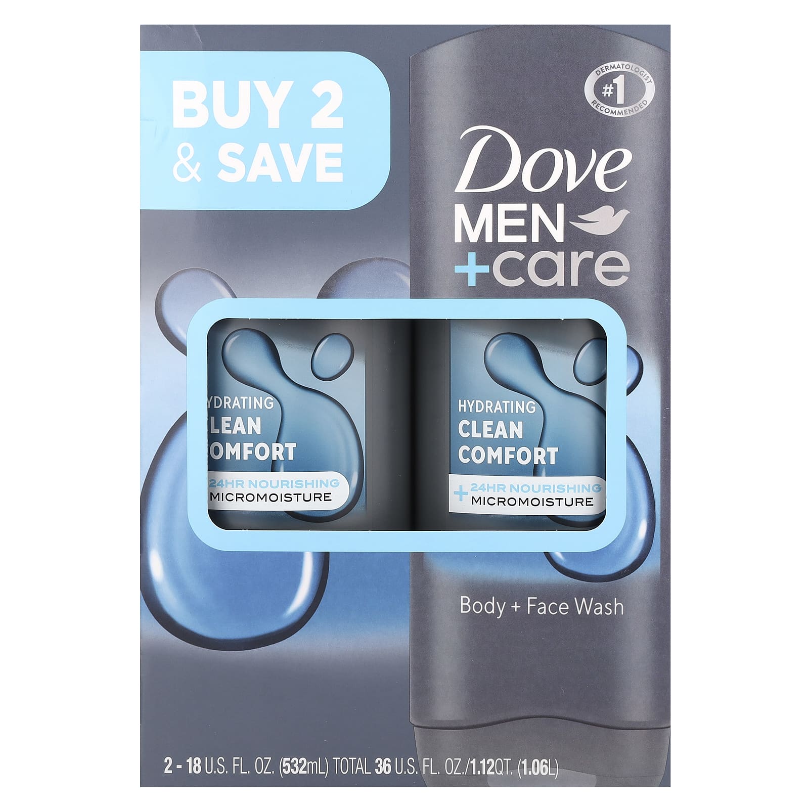 Dove, Гель для лица и тела Men+Care, аромат «Чистый комфорт», 2 шт. по 532 мл