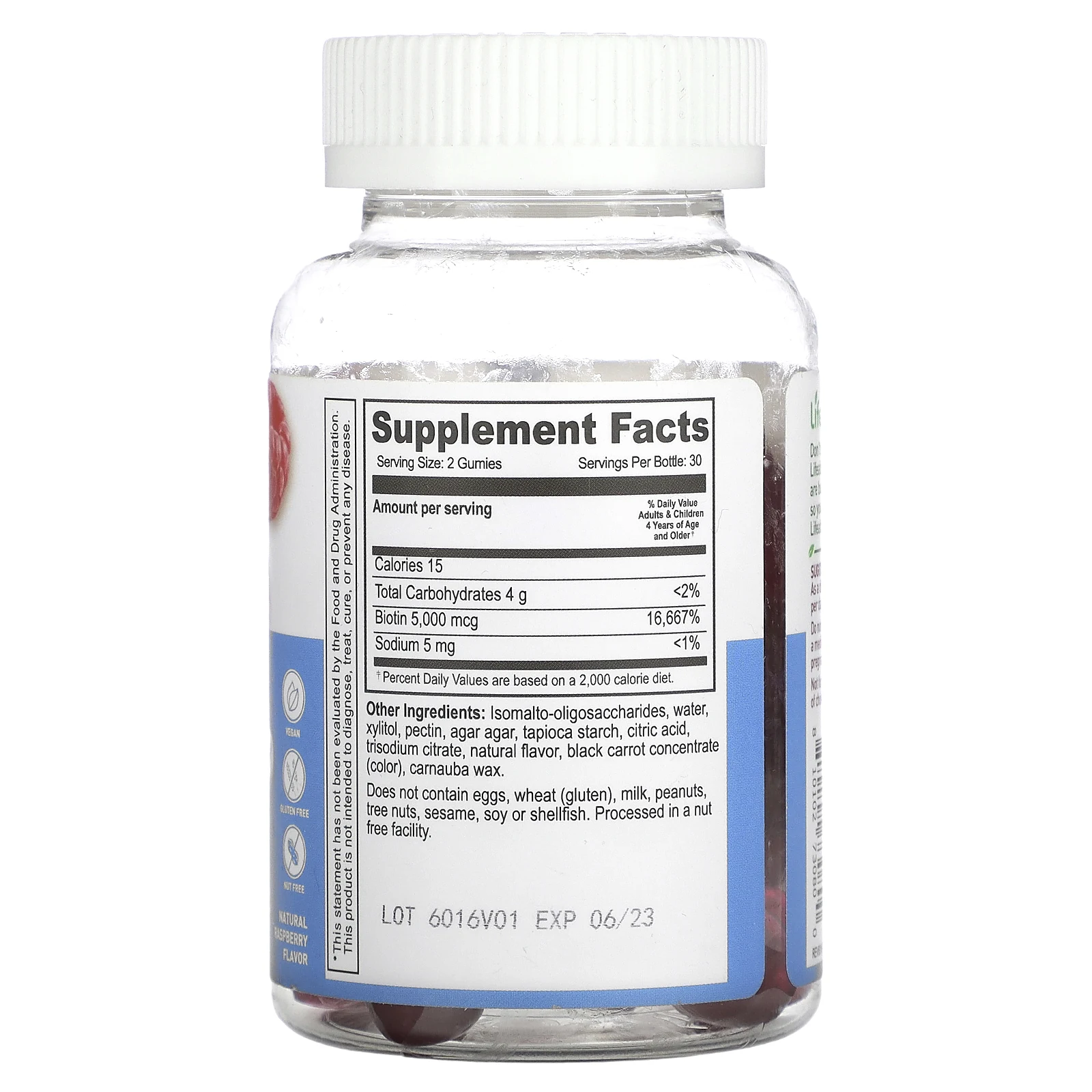 Lifeable, жевательные таблетки с биотином для детей, без сахара, натуральная малина, 5000 мкг, 60 жевательных таблеток (2500 мкг в одной жевательной таблетке)