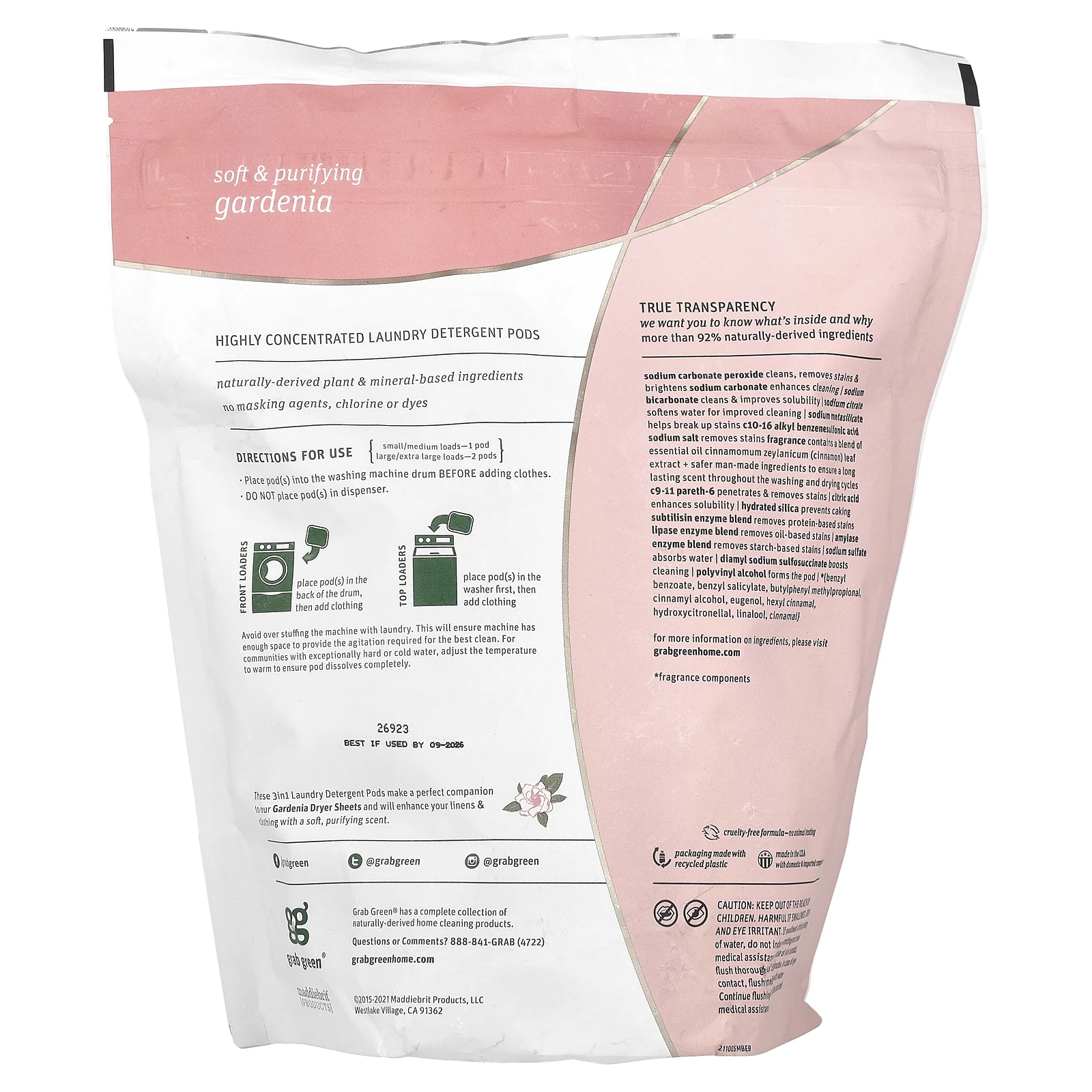 Grab Green, капсулы со стиральным порошком «3 в 1», запах гардении, 60 загрузок, 1080 г (2 фунта, 6 унций)