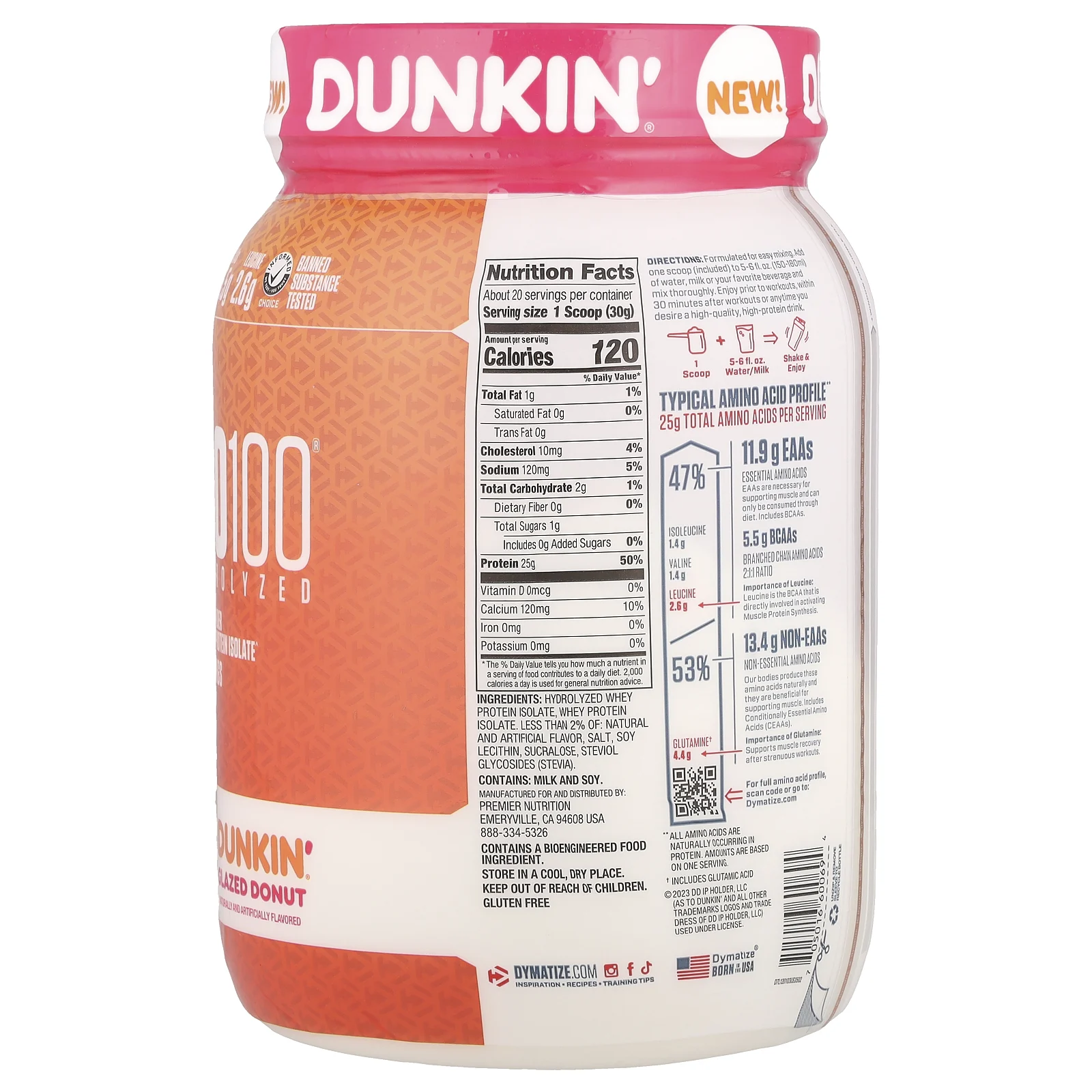 Dymatize, ISO100® Hydrolyzed, 100% изолят сывороточного протеина, глазированный пончик Dunkin®, 610 г (1,34 фунта)