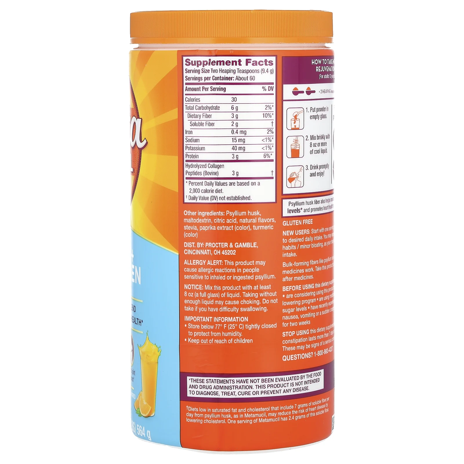 Metamucil, клетчатка и пептиды коллагена, со вкусом апельсина, 564 г (1,2 фунта)