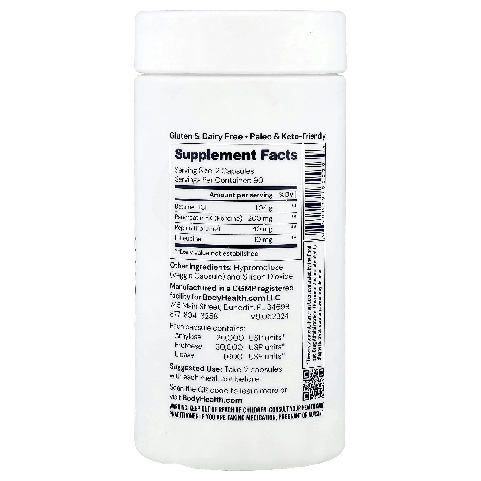 BodyHealth, Пищеварительные ферменты с бетаином, панкреатином и пепсином, 180 капсул