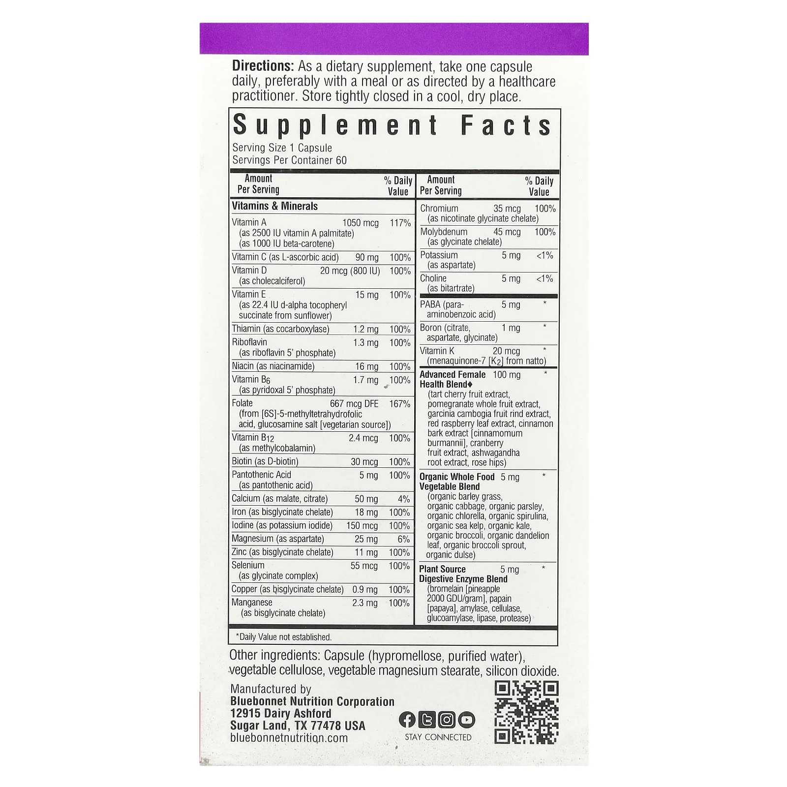 Bluebonnet Nutrition, Ladies 'ONE, цельнопищевой комплекс, 60 растительных капсул