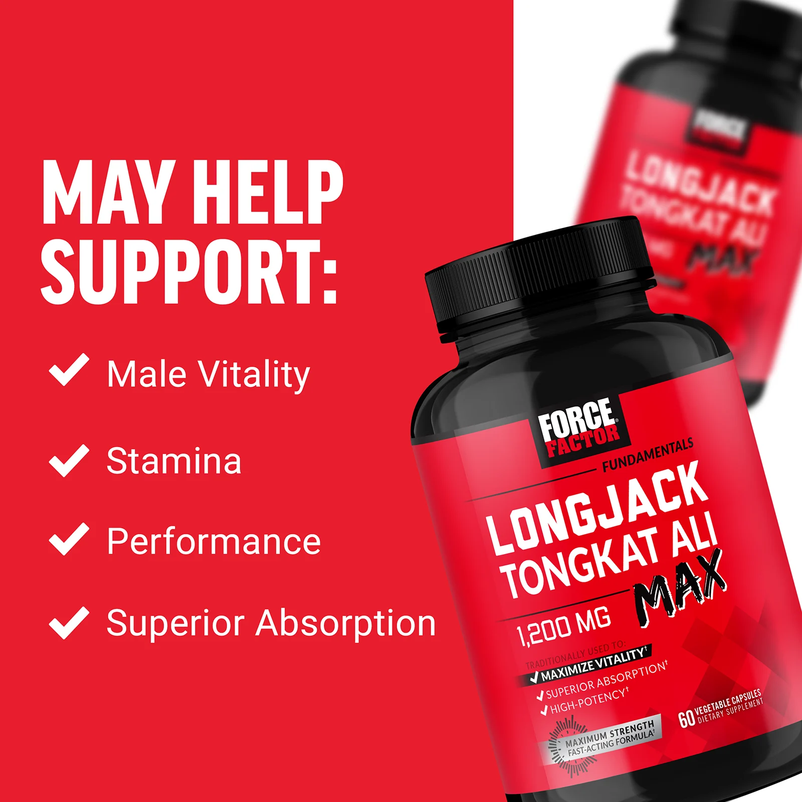 Force Factor, Fundamentals, LongJack Tongkat Ali Max, эврикома длиннолистая, 1200 мг, 60 растительных капсул (600 мг в 1 капсуле)