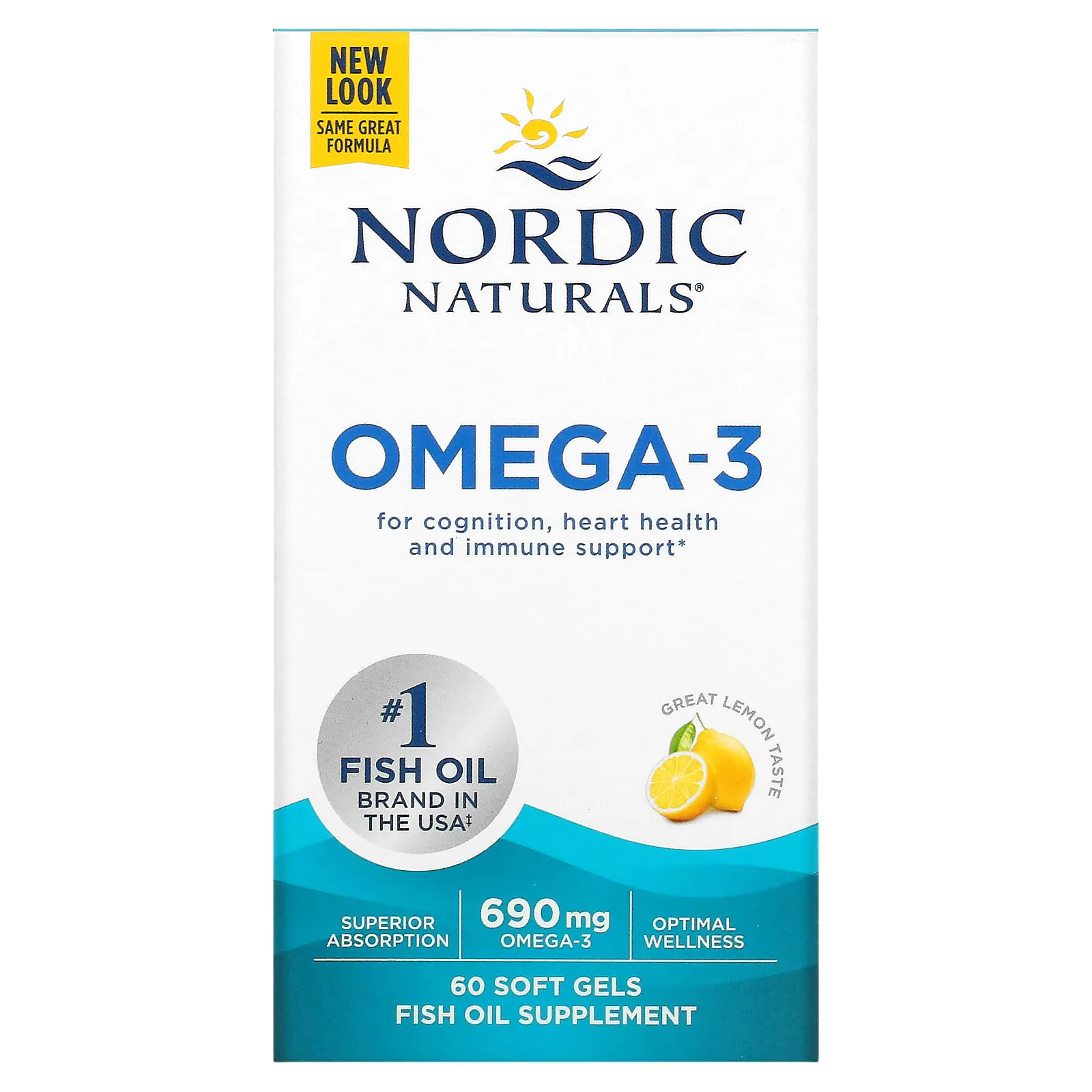 Nordic Naturals, омега-3, со вкусом лимона, 690 мг, 60 капсул (345 мг в 1 капсуле)