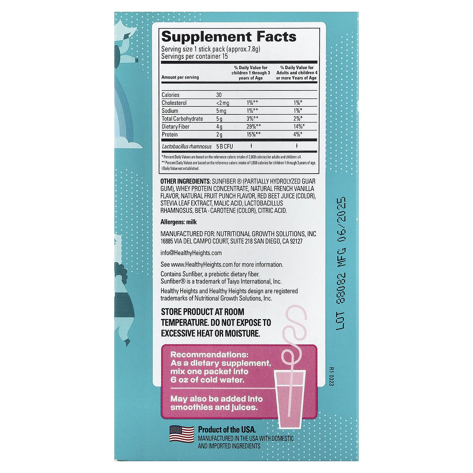 Healthy Heights, Happy Tummies, смесь для приготовления напитка для поддержки пищеварения, для детей от 2 лет, фруктовый пунш, 15 стик-пакетов по 7,8 г (0,28 унции)