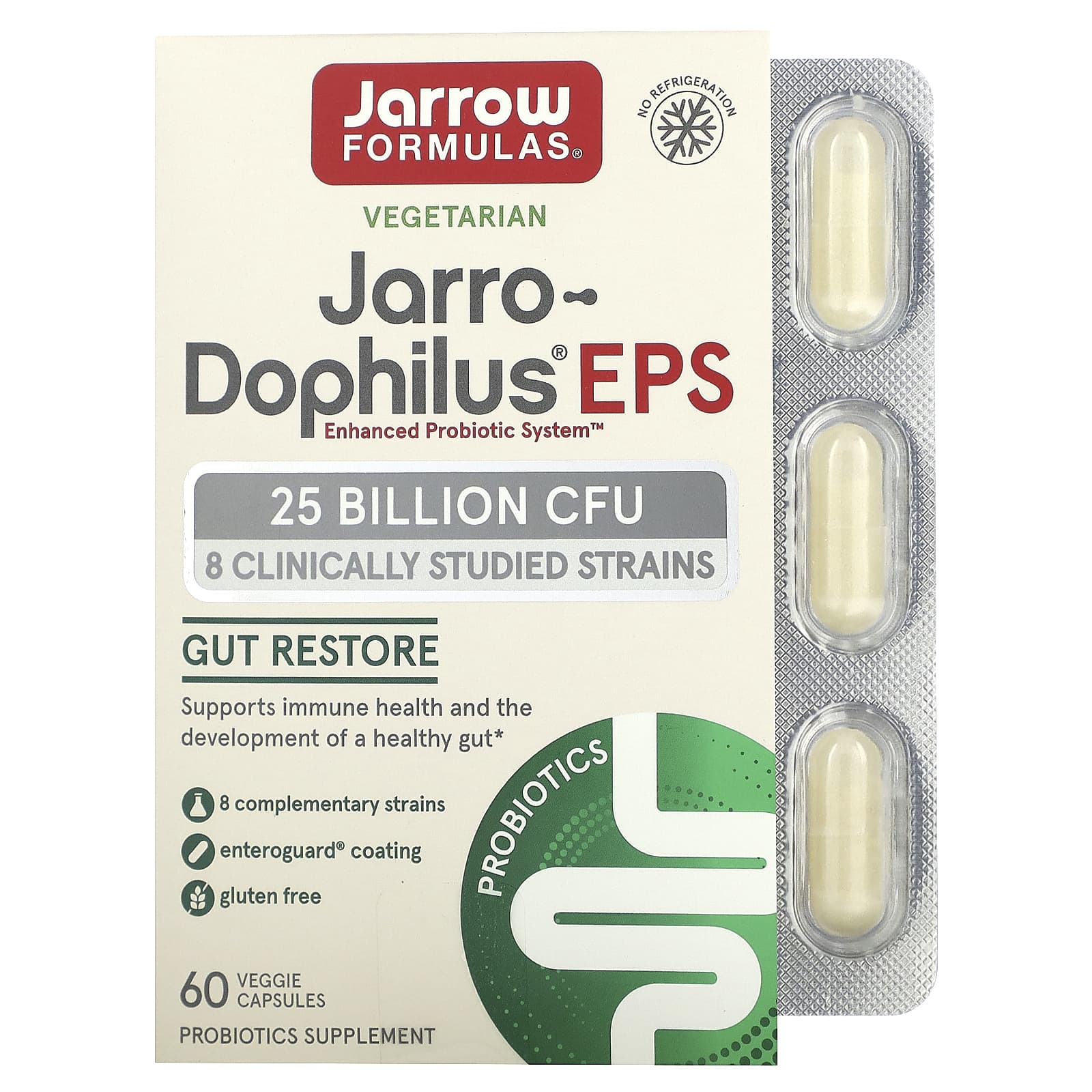 Jarrow Formulas, Jarro-Dophilus EPS, пробиотики, 25 млрд, 60 вегетарианских капсул с технологией Enteroguard