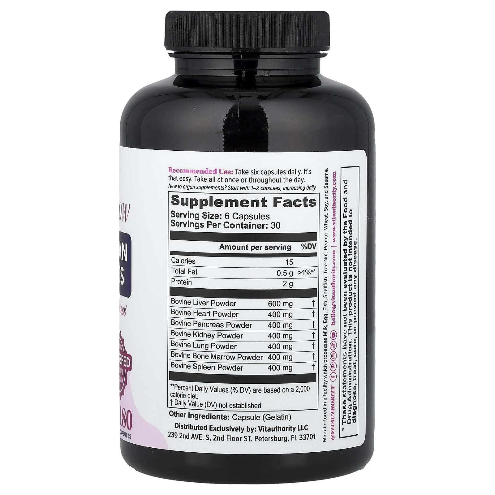 Vitauthority, Primal Glow, питательные вещества из говяжьих органов, 180 капсул