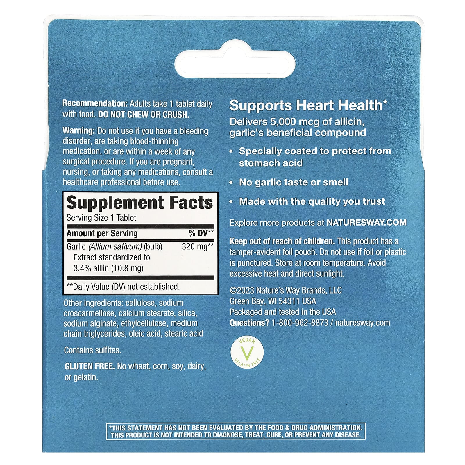 Nature's Way, Garlinase 5000, 320 мг, 100 таблеток, покрытых желудочно-резистентной оболочкой
