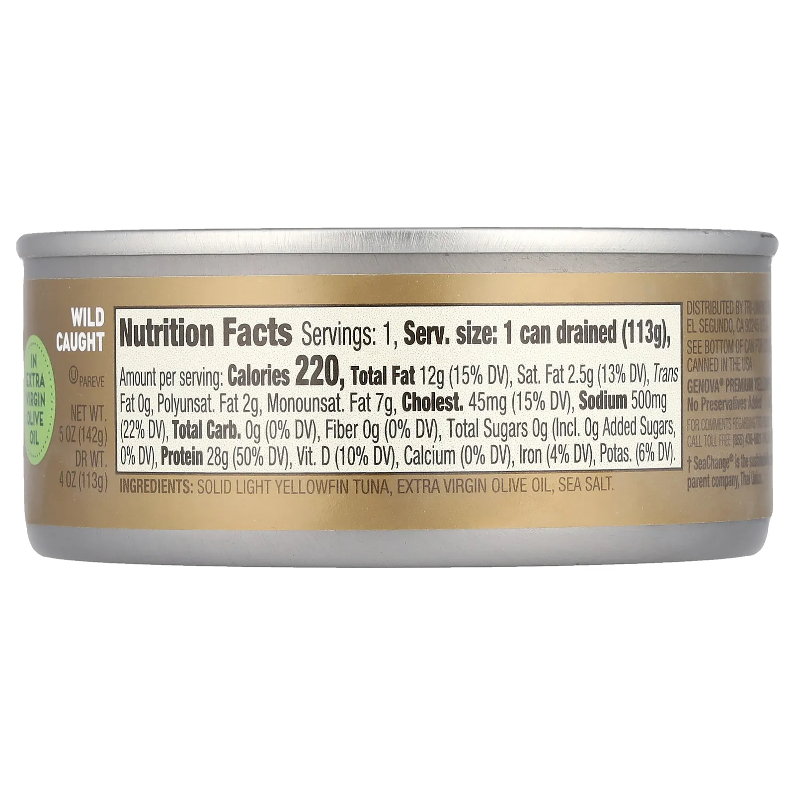 Genova, желтоперый тунец в нерафинированном оливковом масле высшего качества с морской солью, 142 г (5 унций)