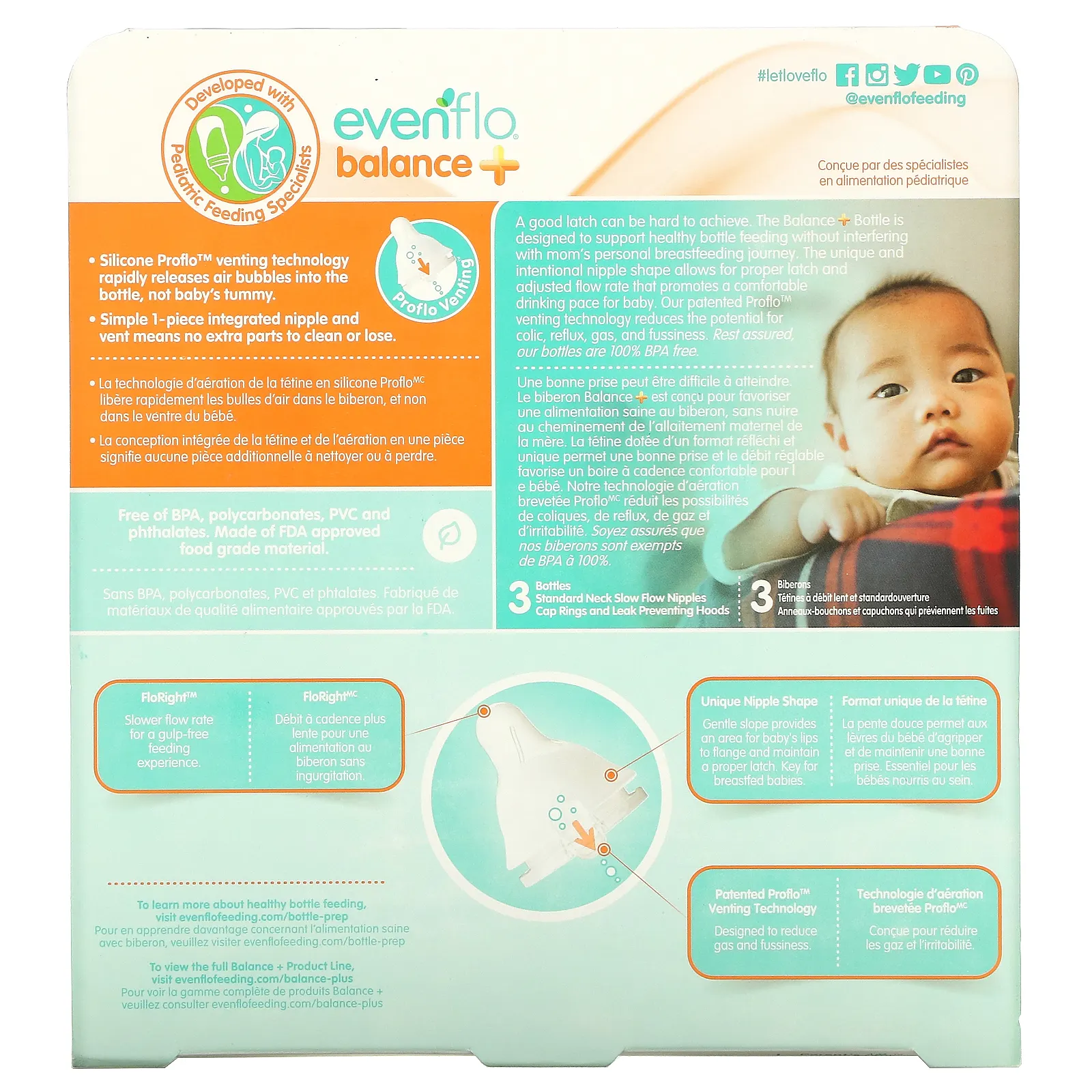 Evenflo Feeding, Balance +, стандартные, для детей от 0 месяцев, с медленным потоком, 3 флакона по 270 мл (9 унций)