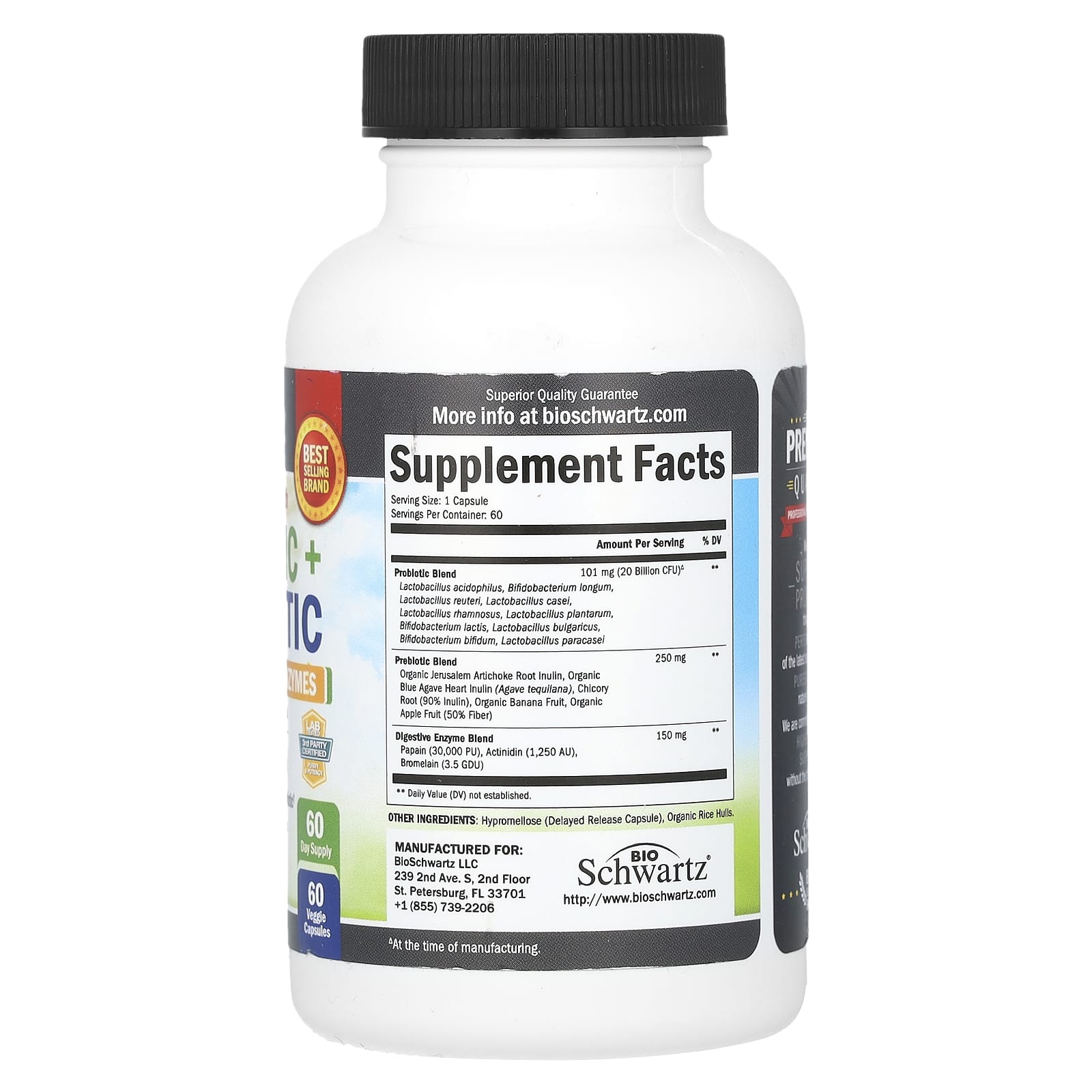 BioSchwartz, пребиотики, пробиотики и цельнопищевые ферменты с повышенной силой действия, 20 млрд КОЕ, 60 растительных капсул