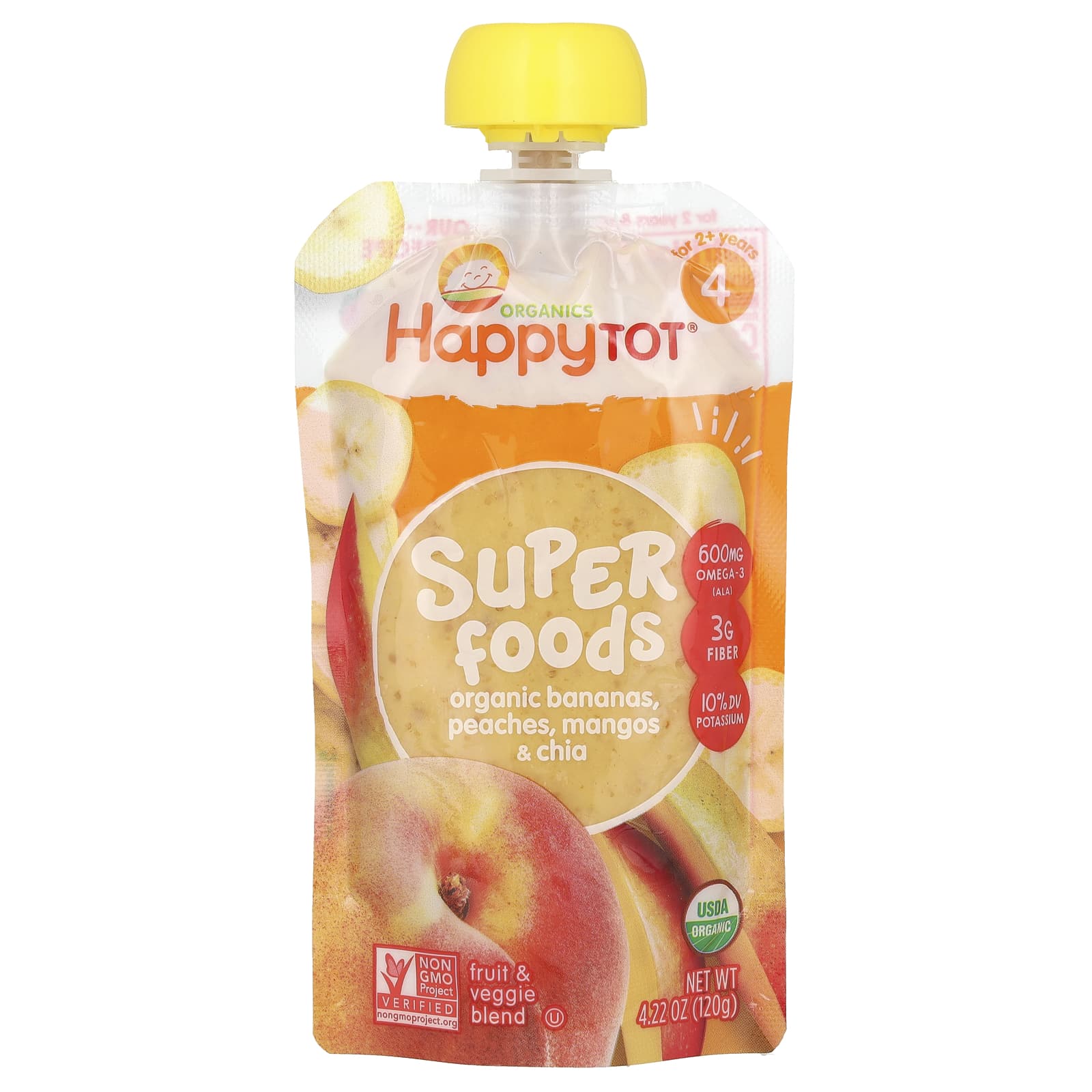 Happy Family Organics, Happy Tot, суперфуды, этап 4, бананы, персики, манго и чиа, 120 г (4,22 унции)