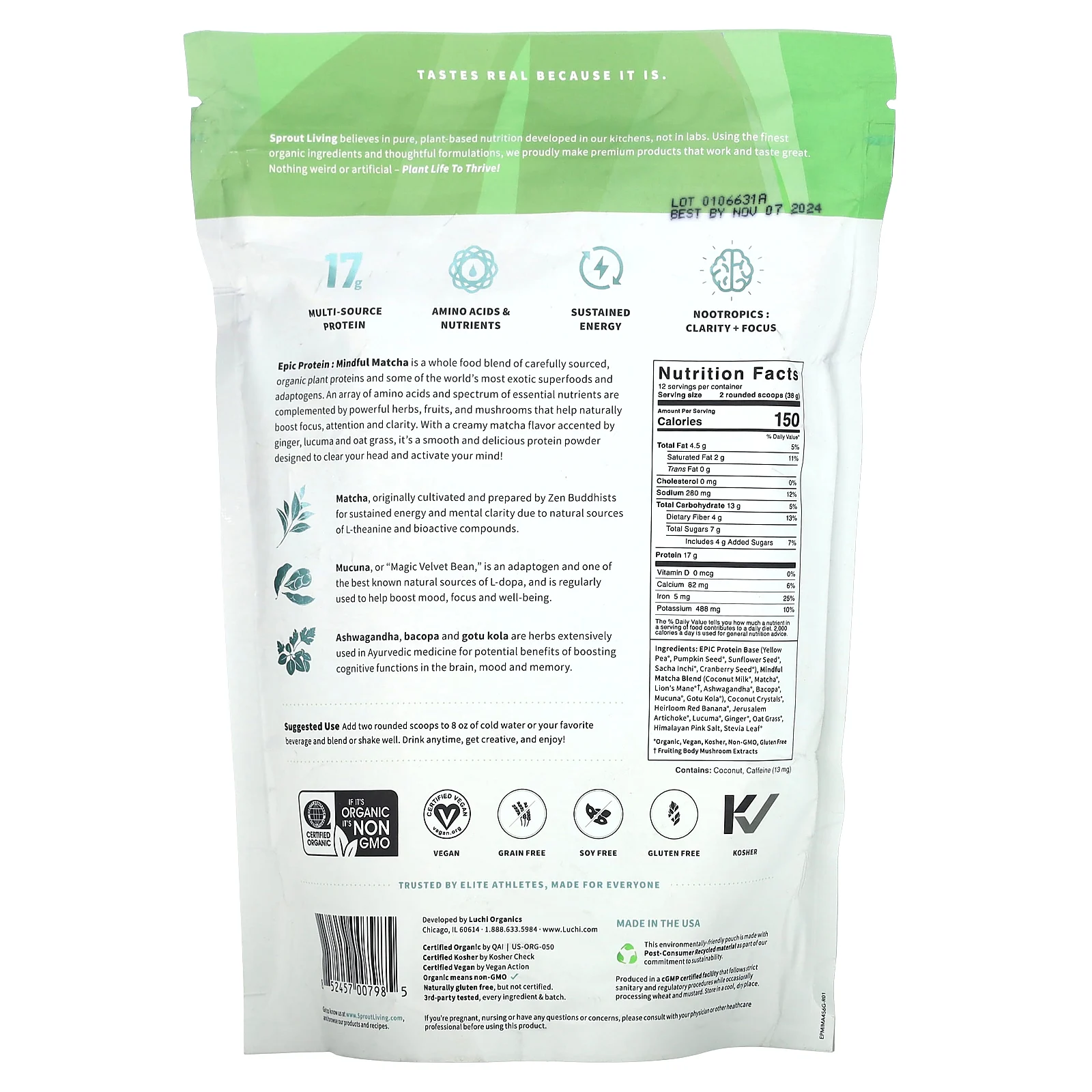 Sprout Living, Epic Protein, питательный матча, 456 г (1 фунт)