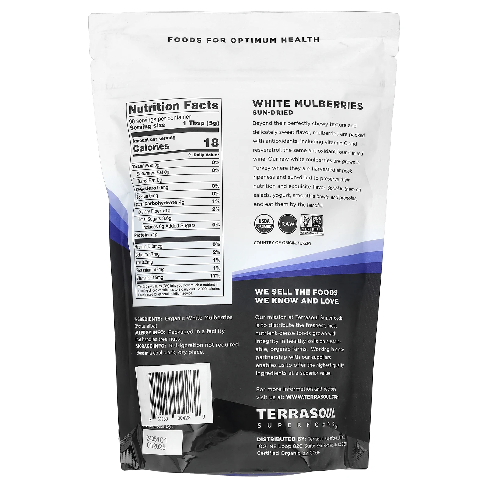 Terrasoul Superfoods, белая шелковица, высушенная на солнце, 454 г (16 унций)