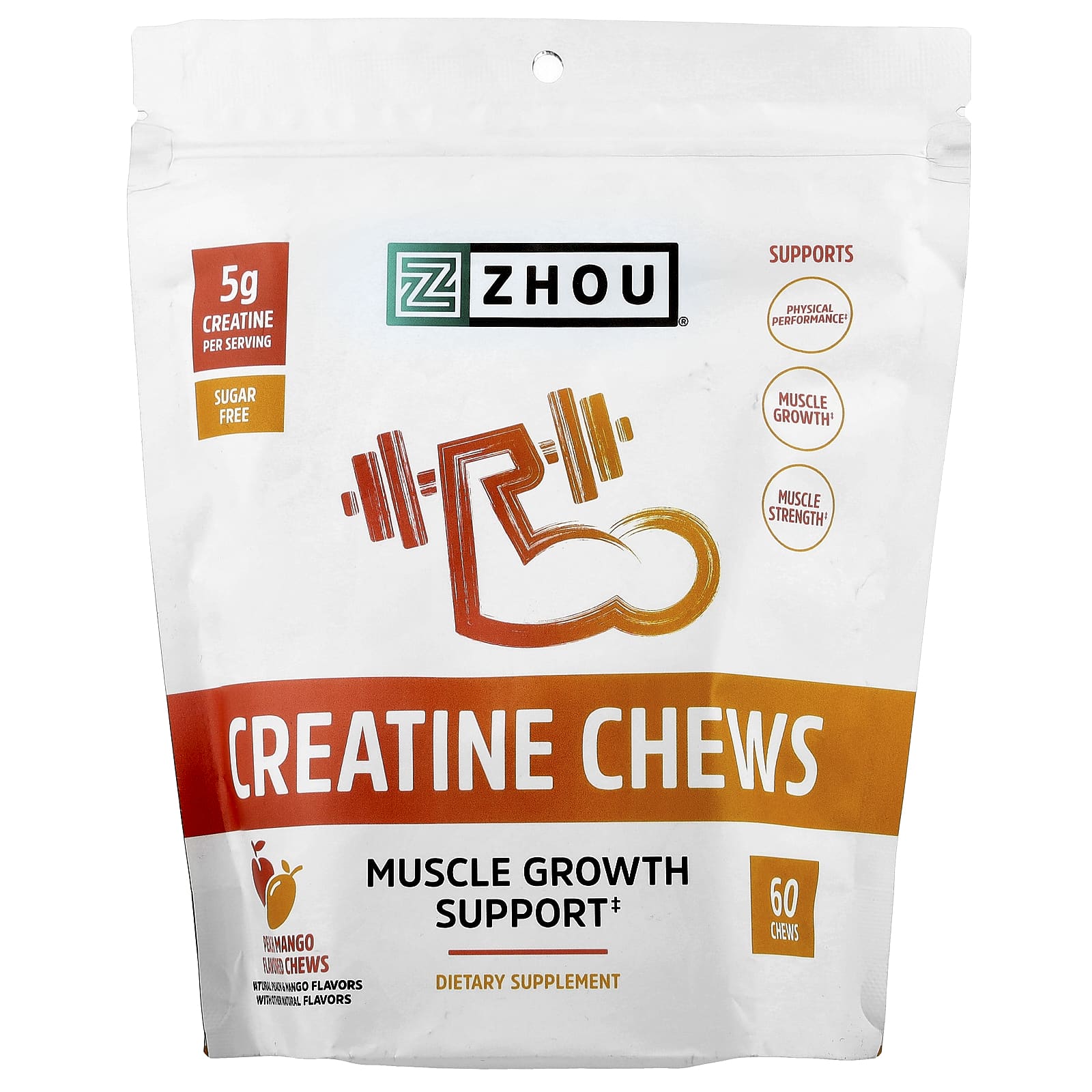 Zhou Nutrition, Creatine Chews, персик и манго, 60 жевательных таблеток