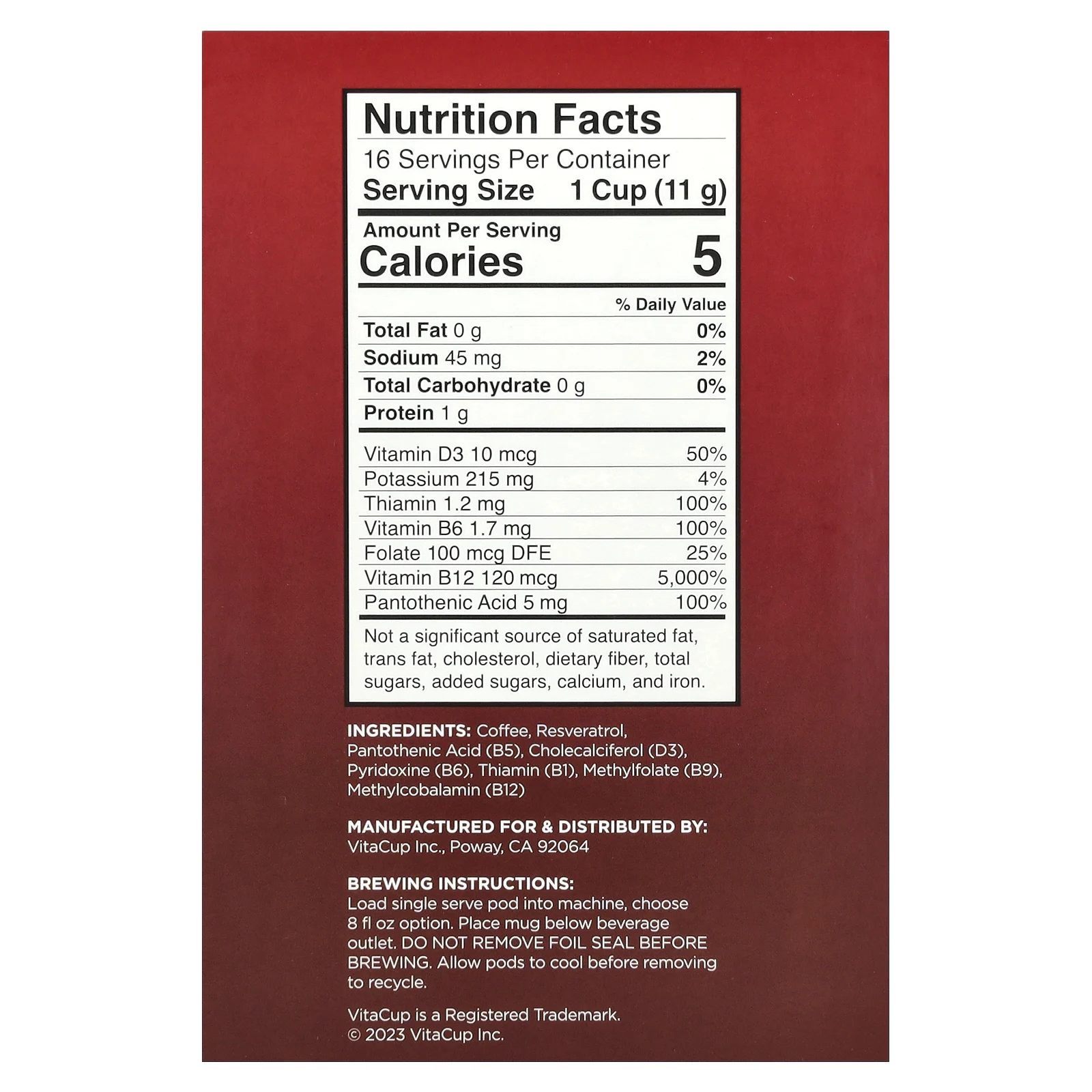 VitaCup, Energy Coffee, темная обжарка, 16 чашек по 11 г (0,39 унции)