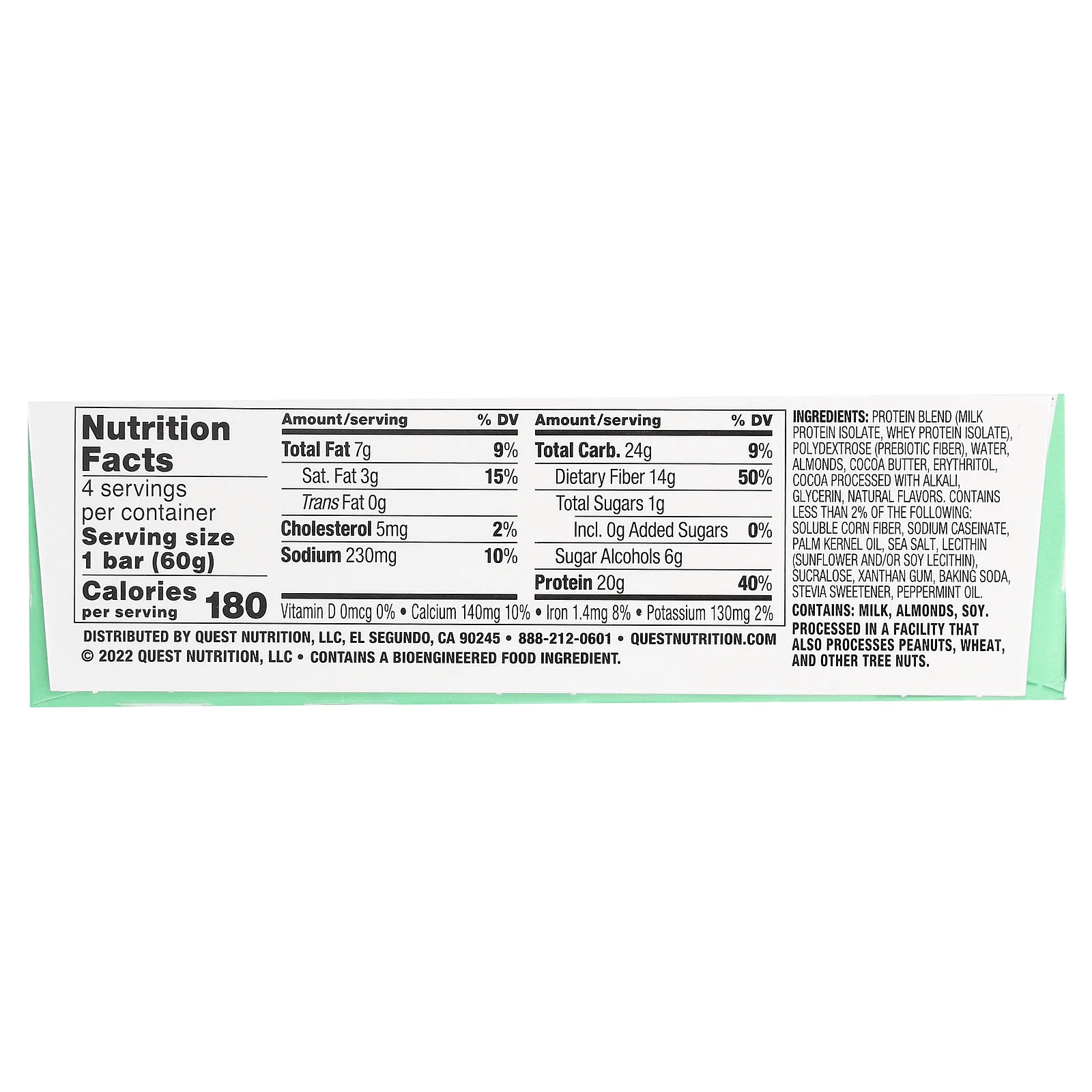 Quest Nutrition, протеиновый батончик, мята и шоколадная крошка, 4 шт. по 60 г (2,12 унции)