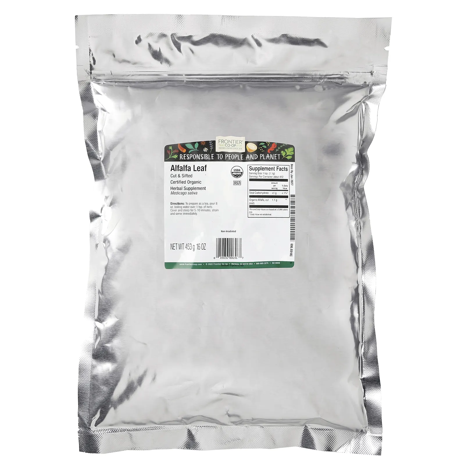 Frontier Co-op, Органические разрезанные и просеянные листья люцерны, 453 г (16 унций)