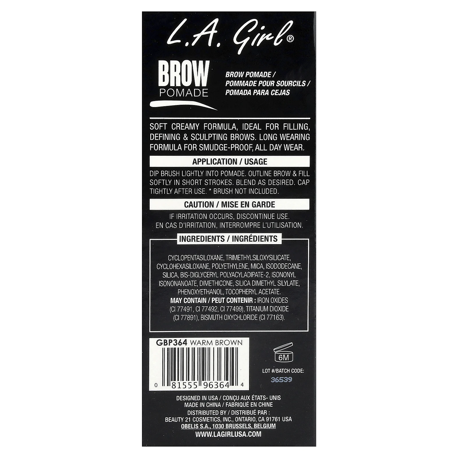 L.A. Girl, помада для бровей, GBP364, теплый коричневый, 3 г (0,11 унции)