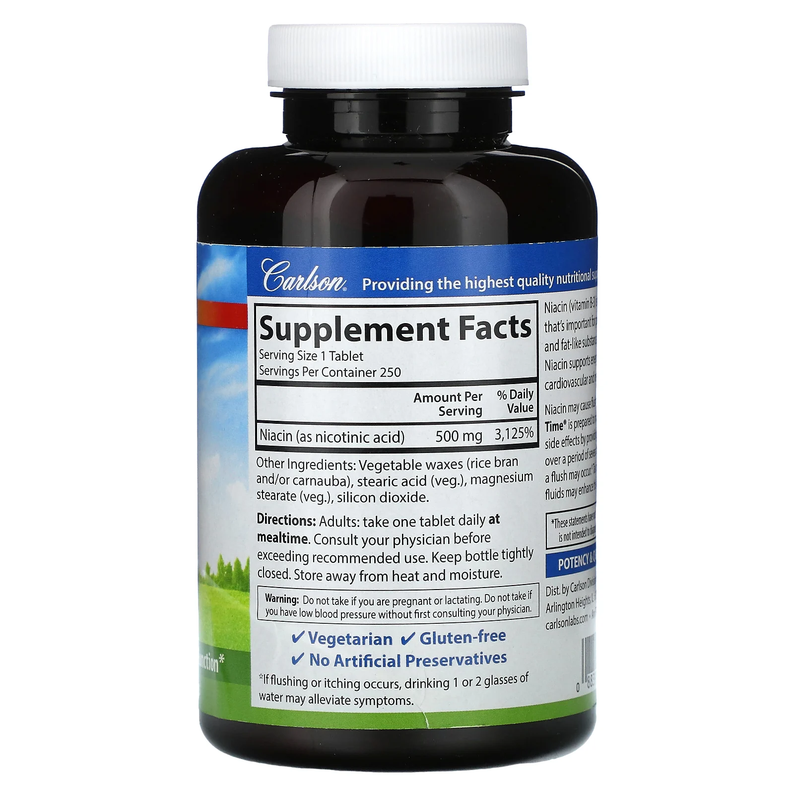 Carlson, Ниацин-тайм, 500 мг, 250 вегетарианских таблеток