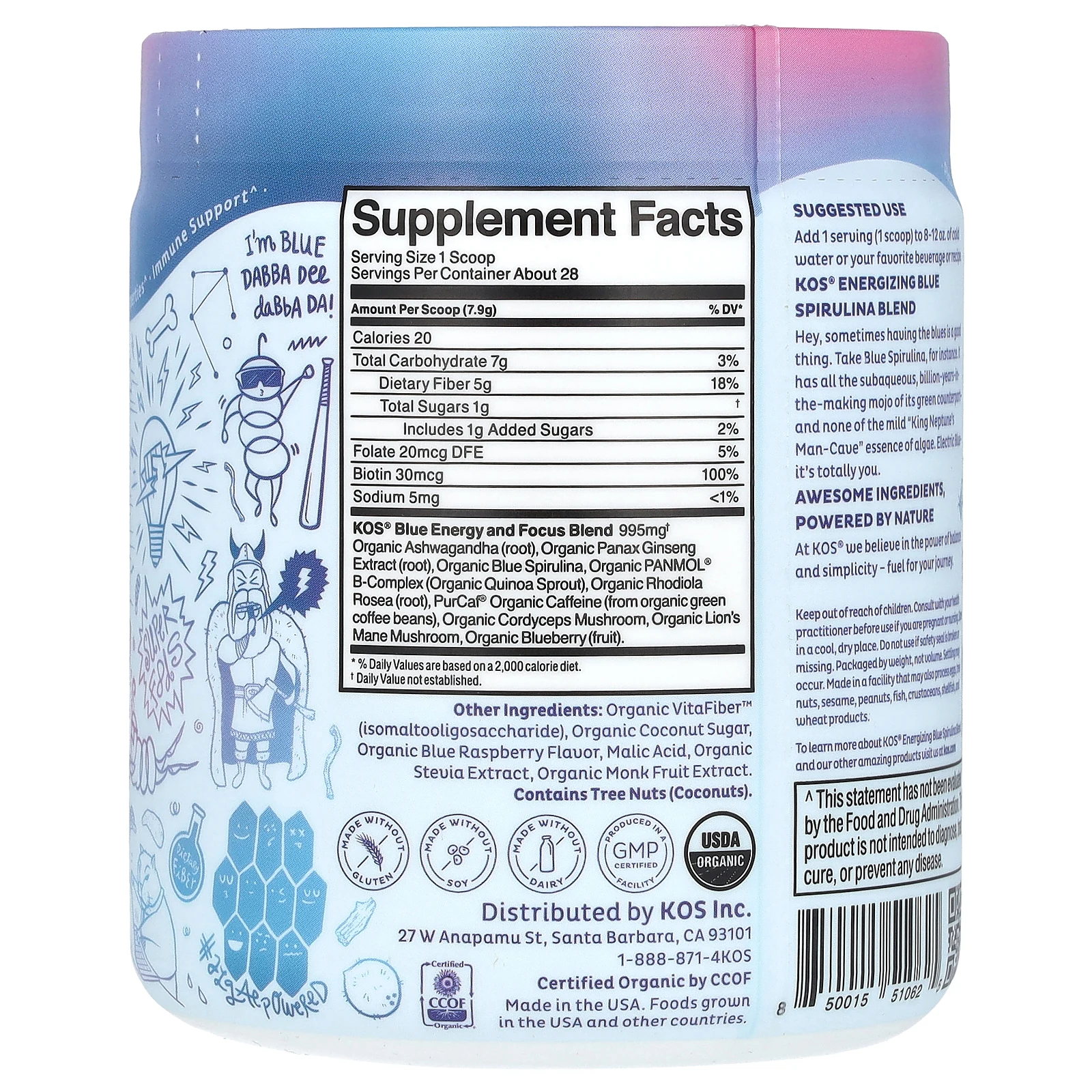 KOS, Bolt from the Blue, бодрящая смесь голубой спирулины, со вкусом ягод ягод, 237 г (8,36 унции)