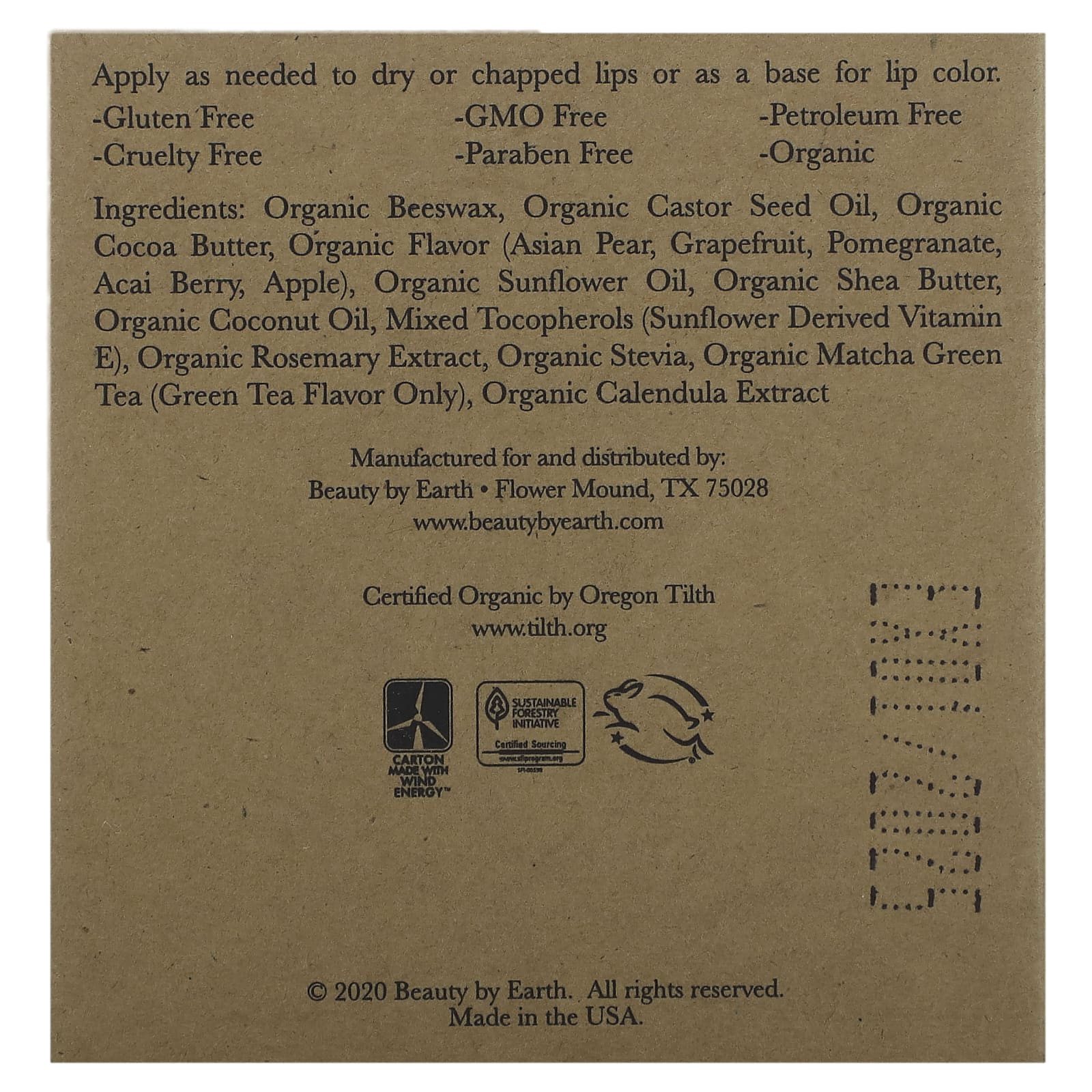 Beauty By Earth, органический бальзам для губ с пчелиным воском, экзотический мультивитаминный комплекс, 4 тюбика по 0,15 унции