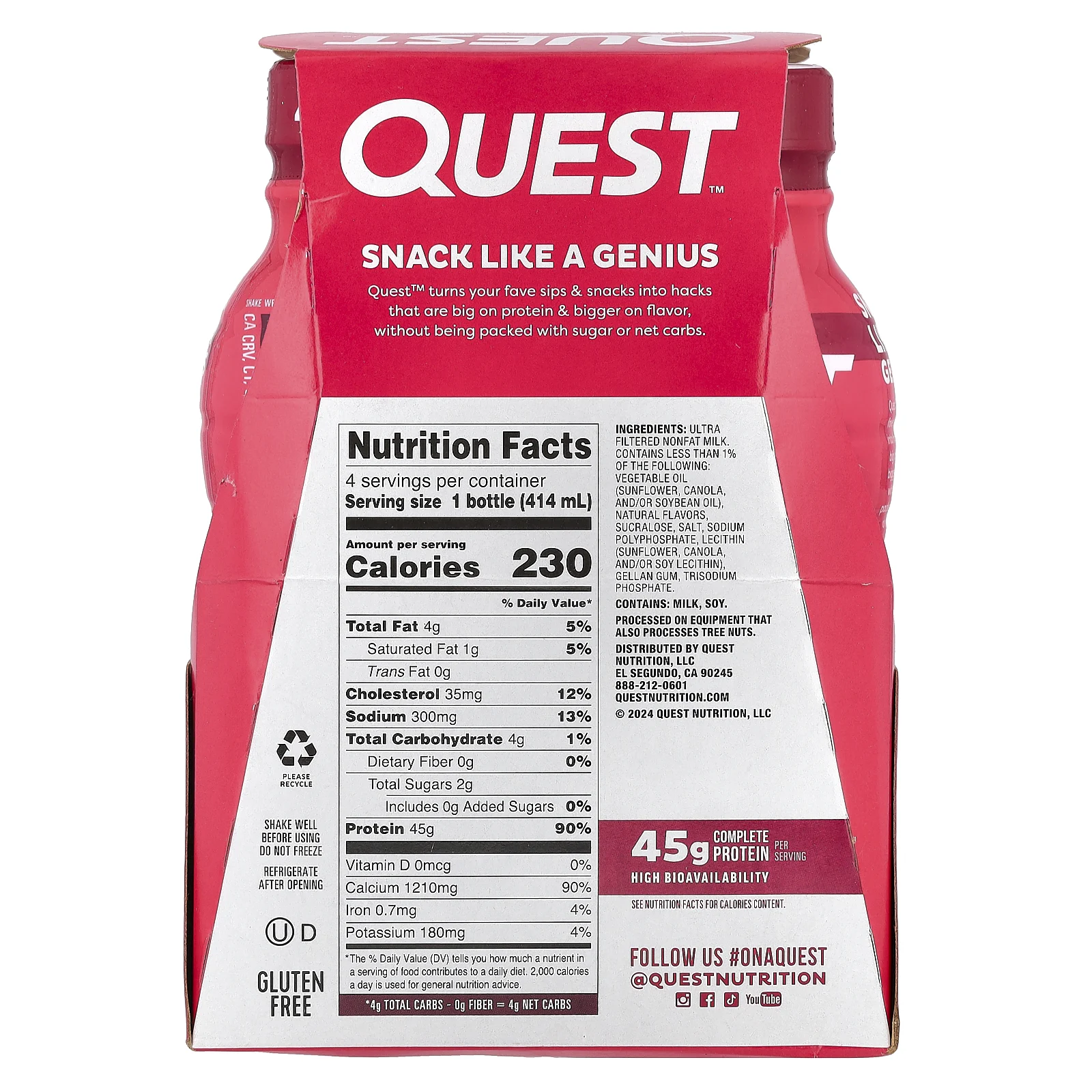 Quest Nutrition, Протеиновый молочный коктейль, клубника, 4 флакона по 414 мл (14 жидк. Унций)